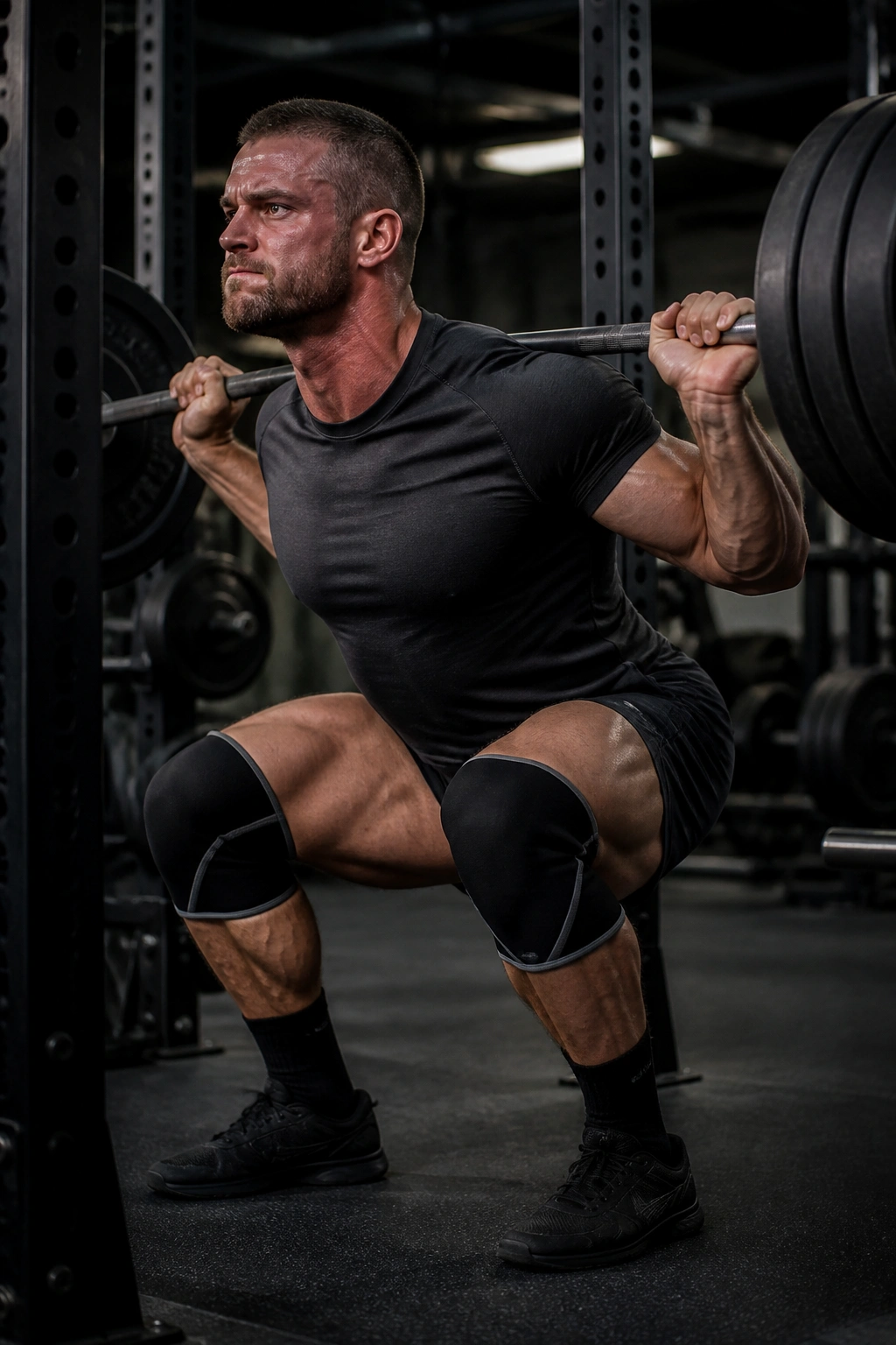 Lifter performing heavy back squat in a gym, showcasing leg and back engagement