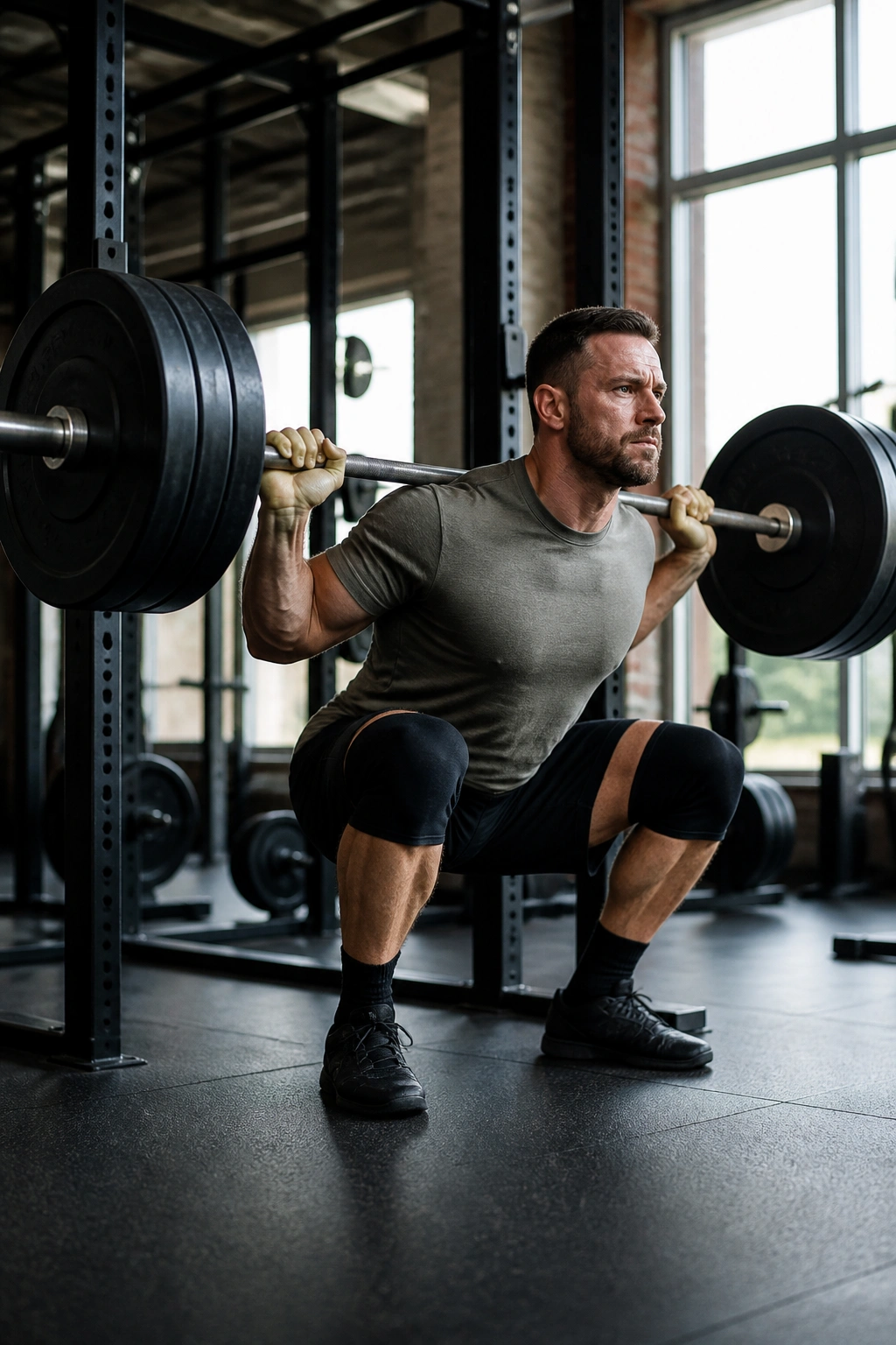 Full-body shot of lifter performing a heavy back squat in a gym.