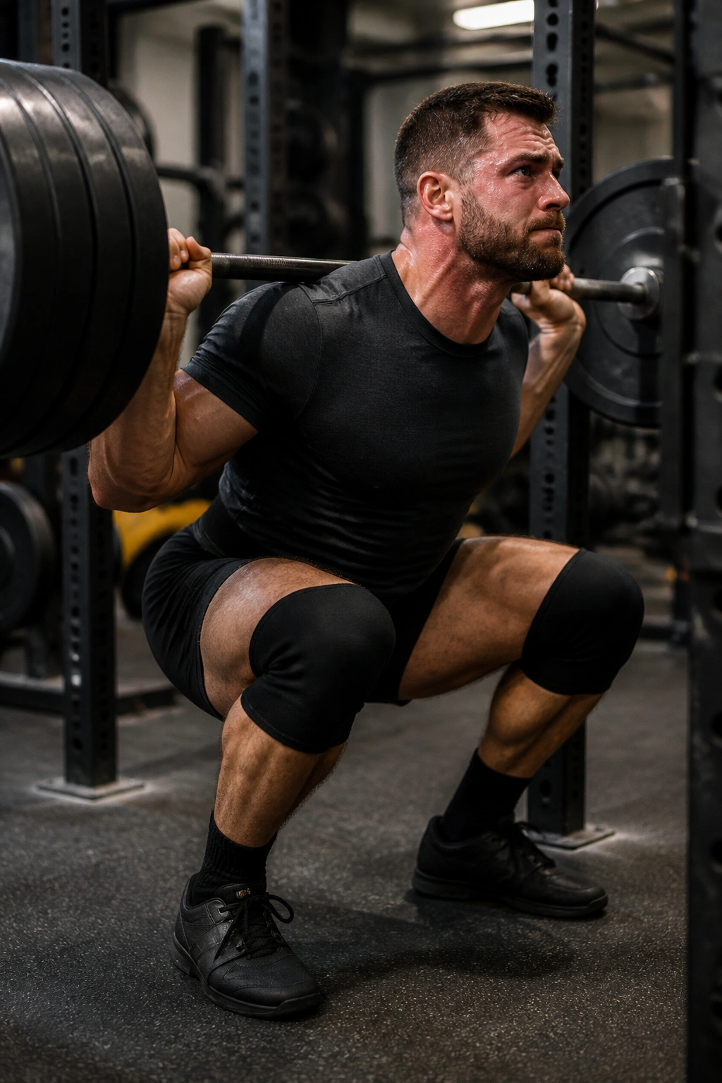 Close-up of a lifter performing a traditional back squat with barbell in a gym