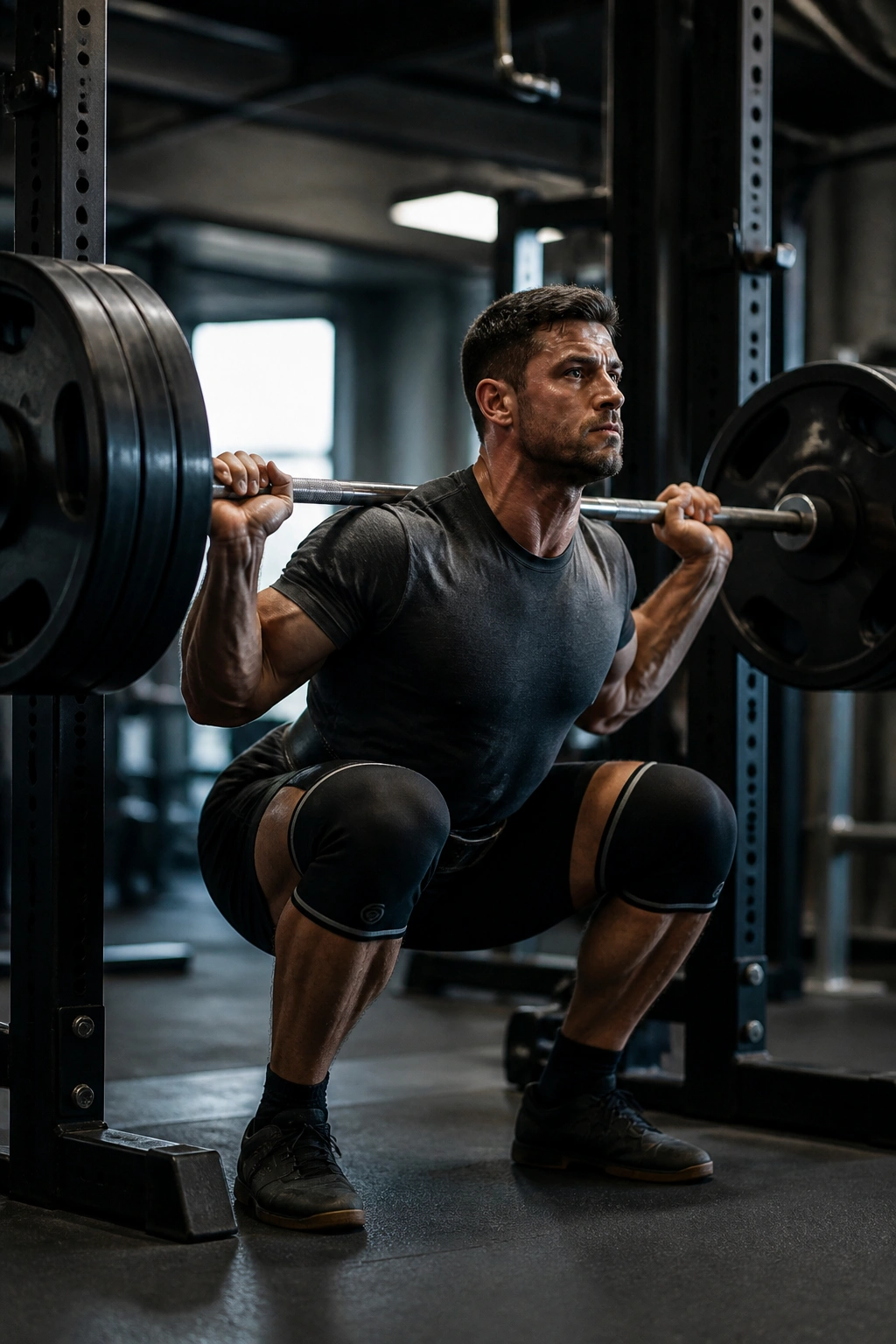 Lifter squatting in a squat rack with heavy barbell