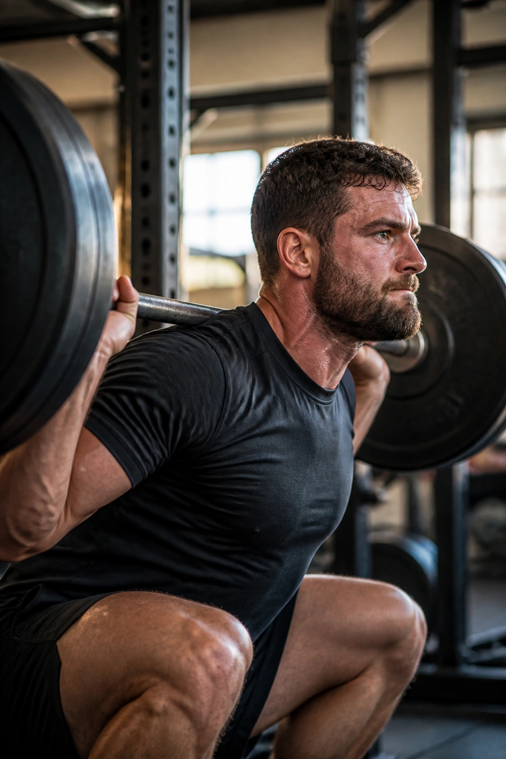 Close-up of lifter in back squat with barbell, braced torso in gym