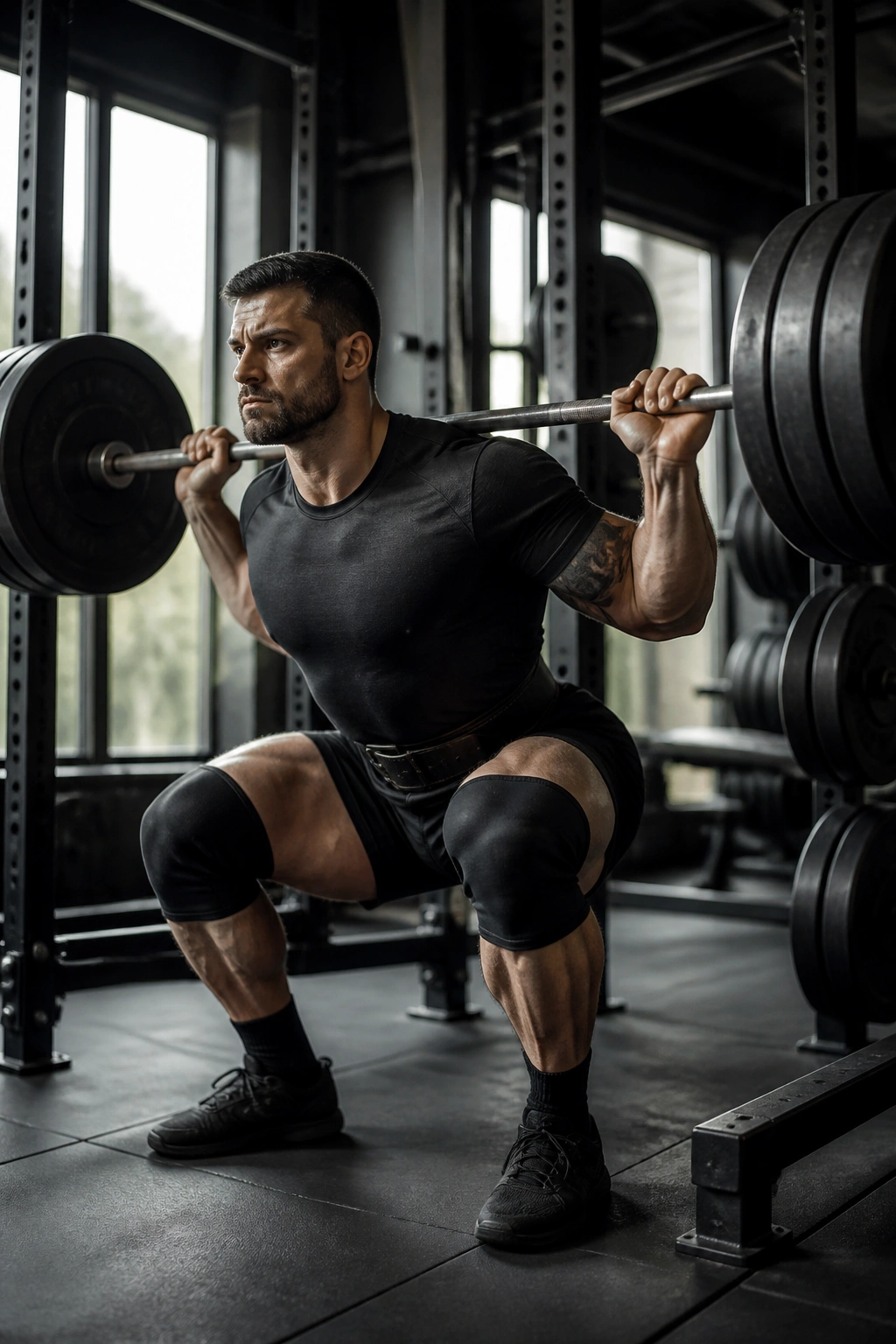 Lifter performing a back squat in a gym, legs and core highlighted