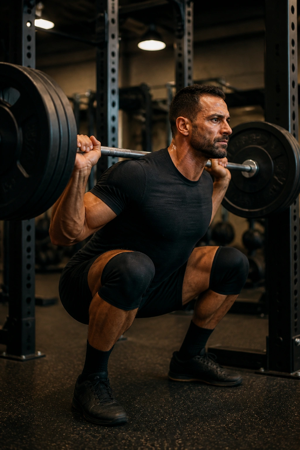 Lifter performing back squat with barbell, core braced, thighs filling frame in gym