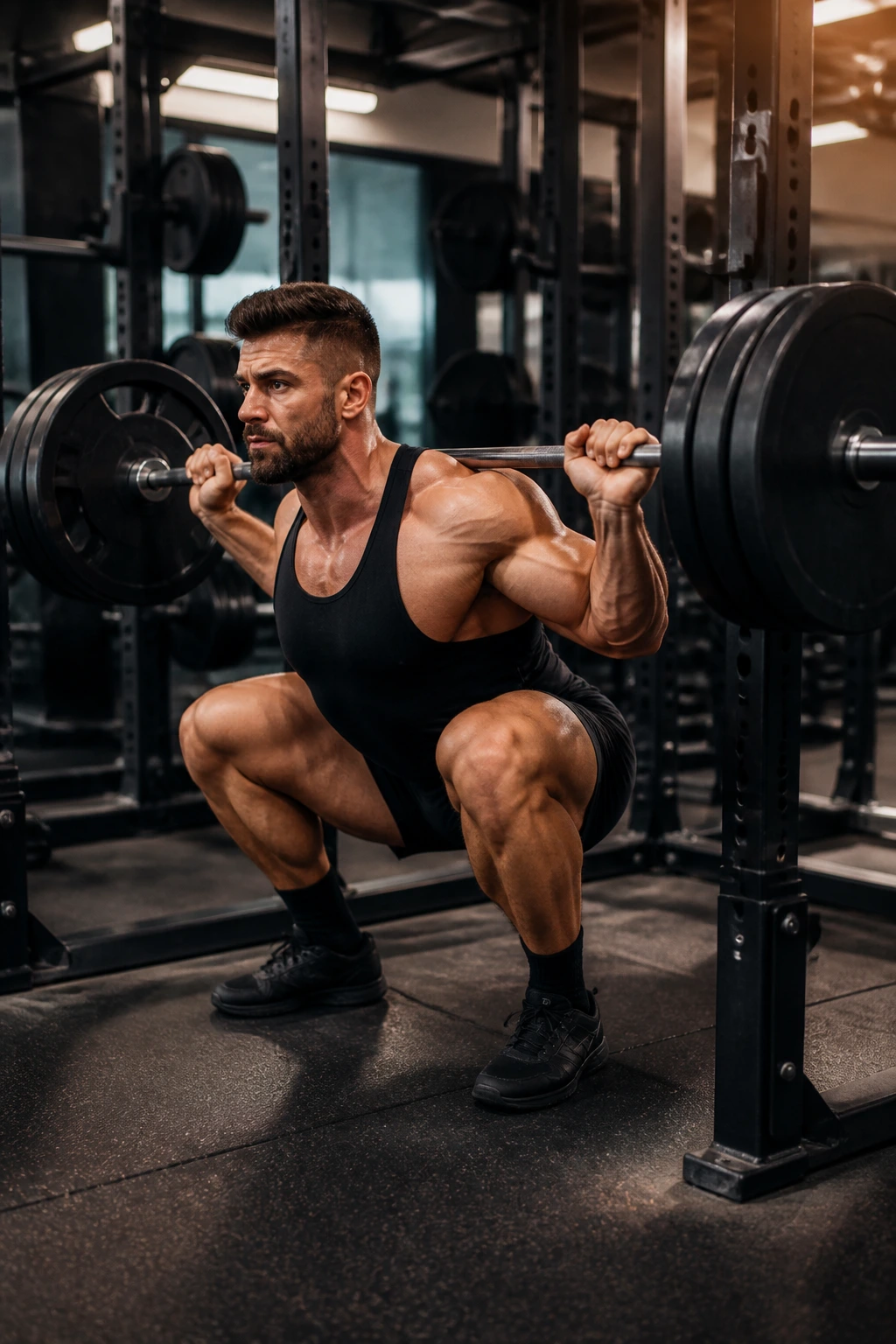 Full-body view of a lifter doing back squats in a gym with barbell on shoulders and braced core.