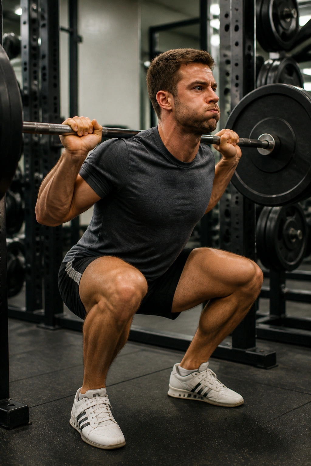Close-up of a lifter performing back squats with barbell on traps in a gym