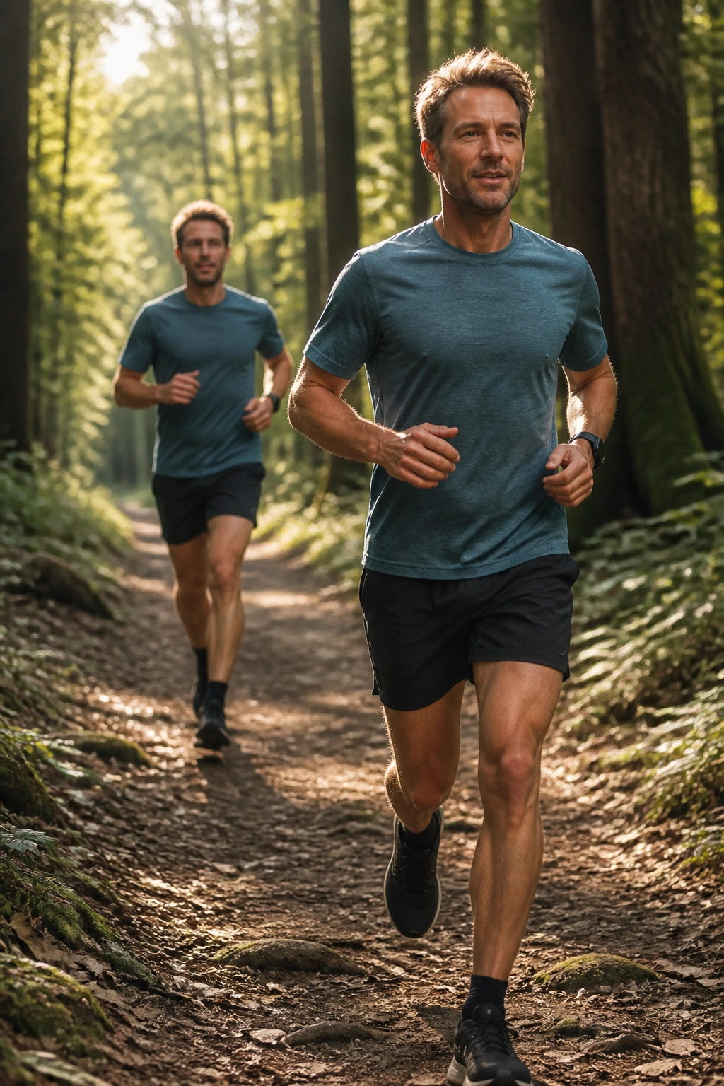 Two overlapping runners on a forest trail illustrating back-to-back easy long runs