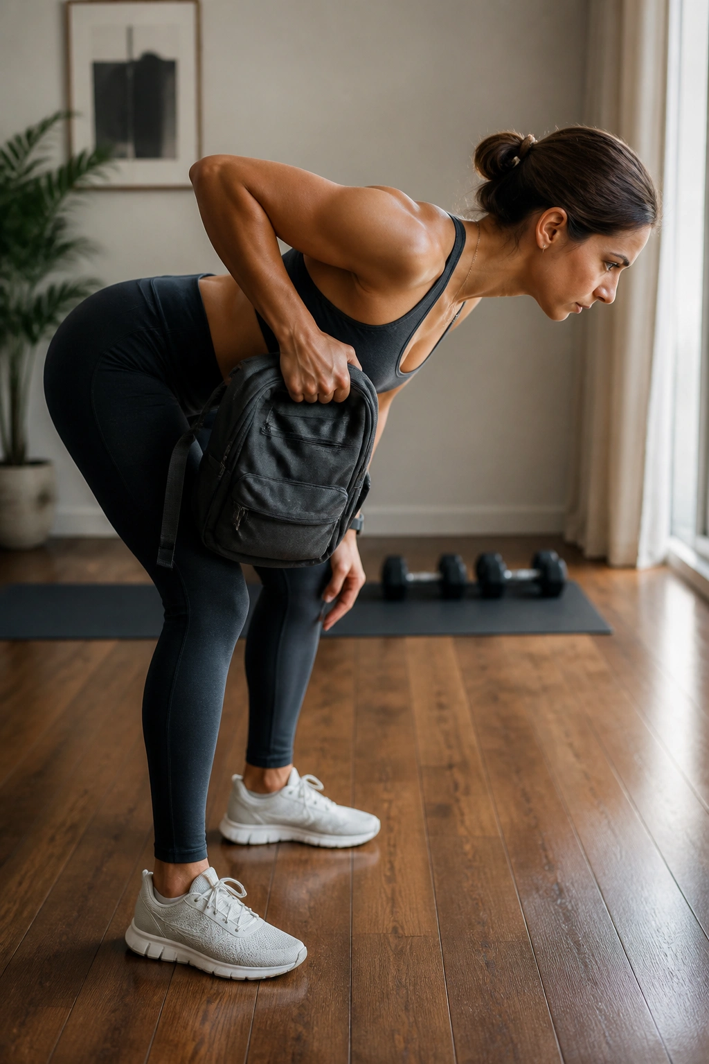 Person performing Backpack Bent-Over Rows with a backpack, back flat and elbow driving back