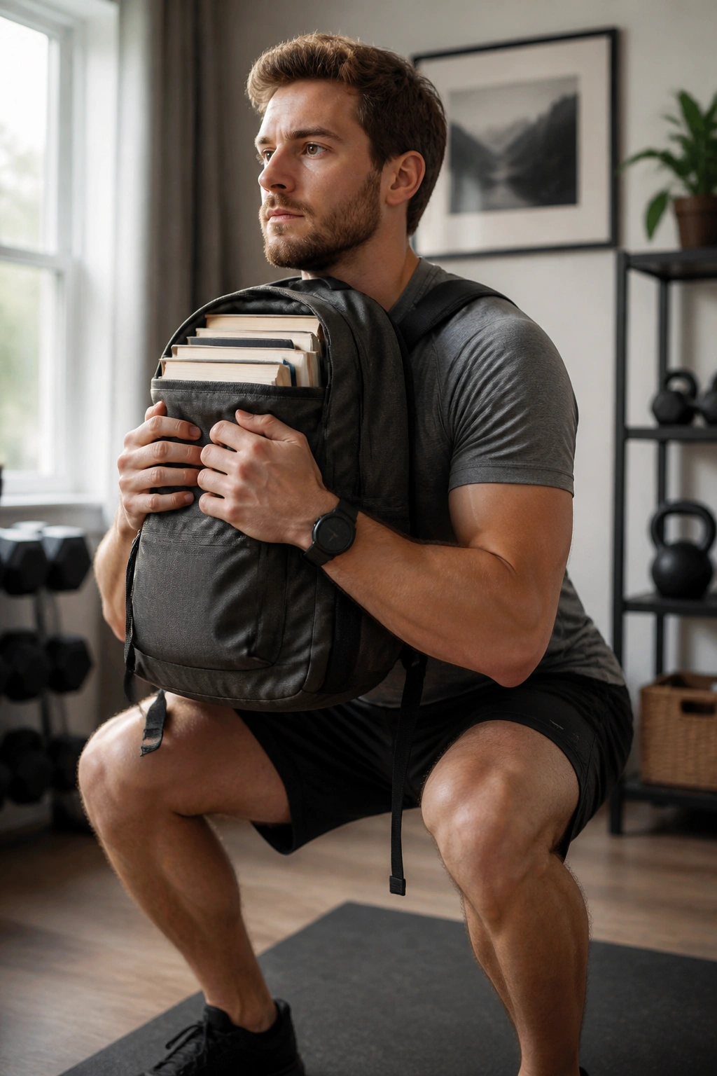 Real person wearing a heavy backpack performing a goblet squat in a home gym