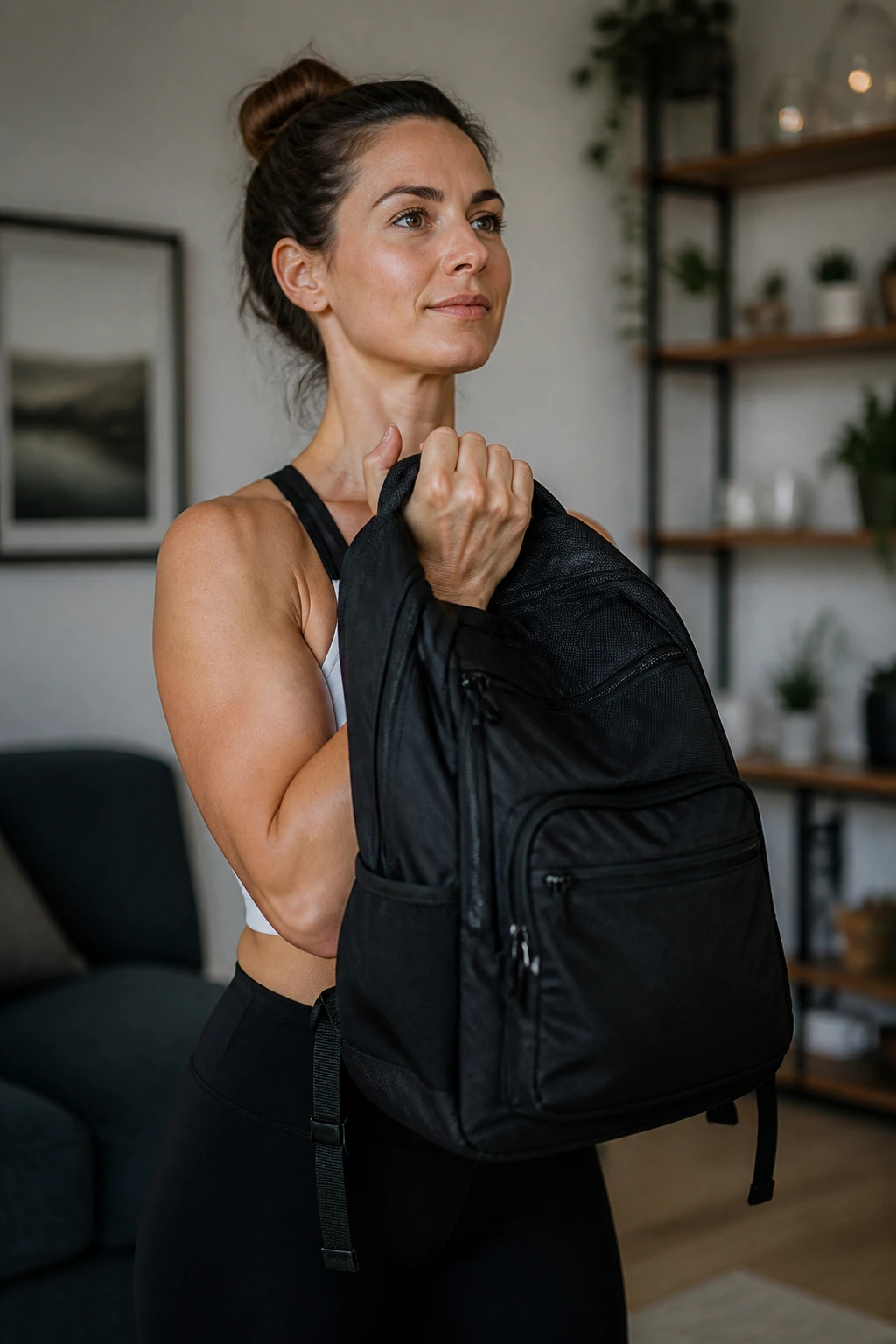 Person using a backpack for curl and press in a home workout
