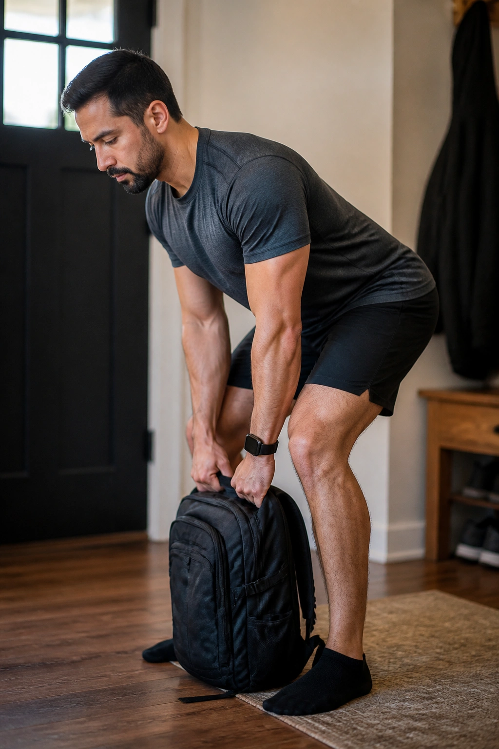 Medium close-up of a person performing a backpack deadlift hinge at home.