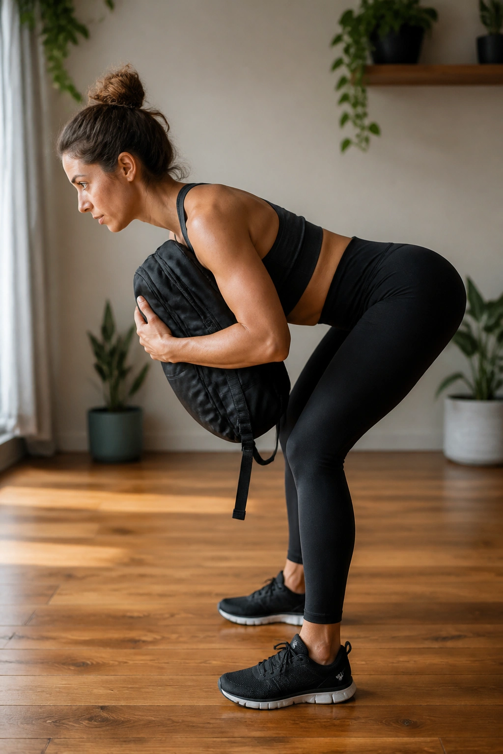 Person performing backpack Romanian deadlifts at home with loaded backpack