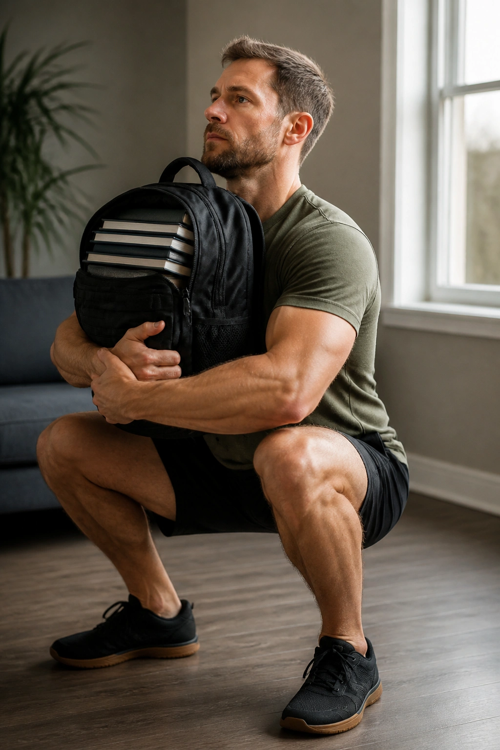 Person performing a front-loaded squat with a backpack in a minimalist home