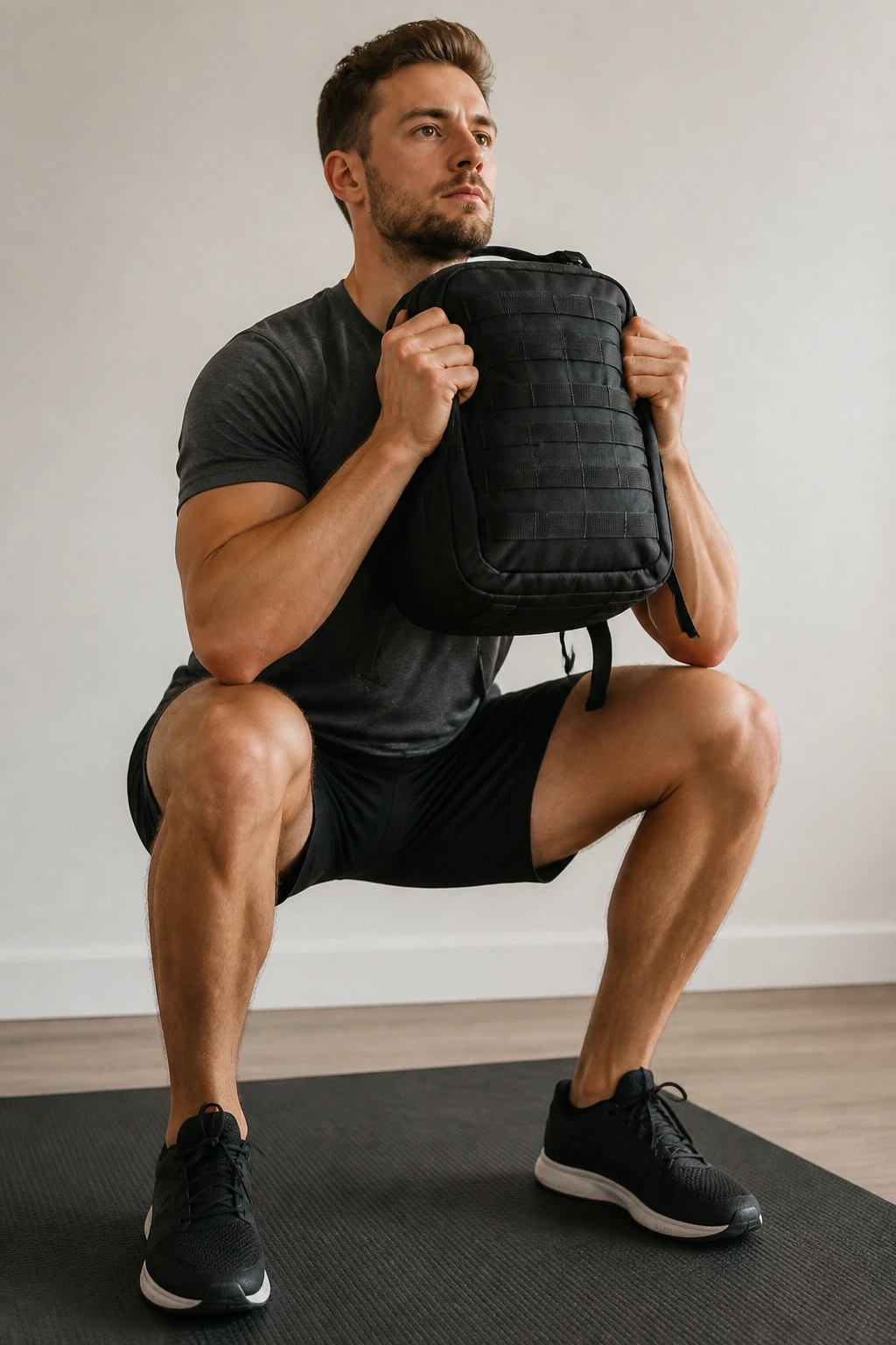 Medium close-up of a real person goblet-squatting with a backpack in a home gym setting