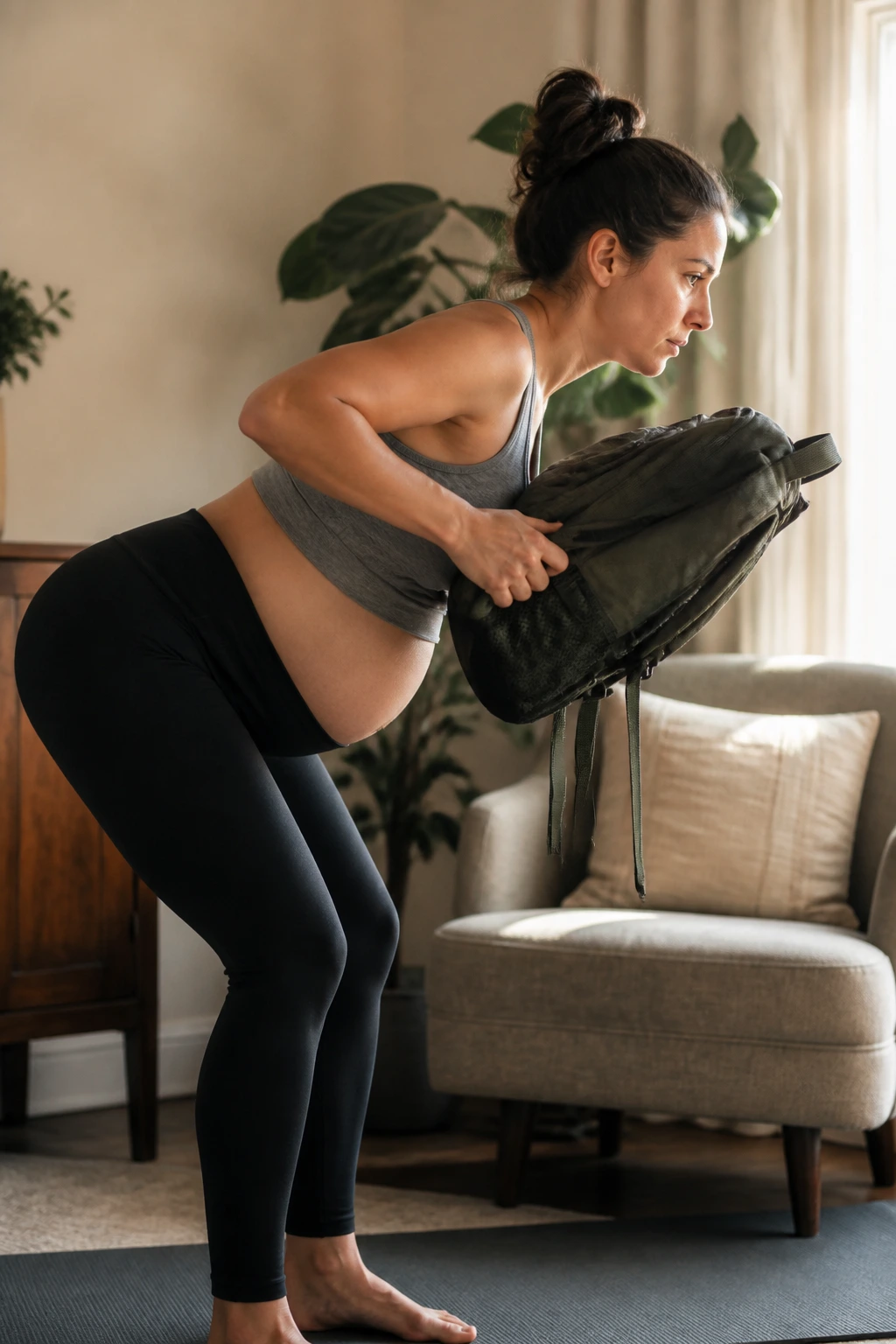 Person performing backpack hinges with rows in a bright living room
