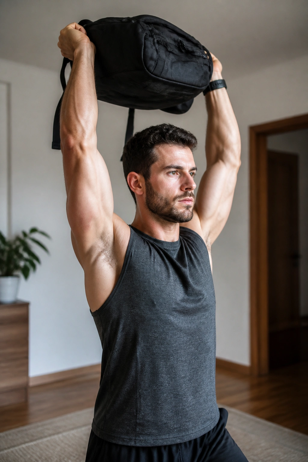 Real person performing a backpack overhead press at home, shoulders and arms engaged with the backpack raised overhead