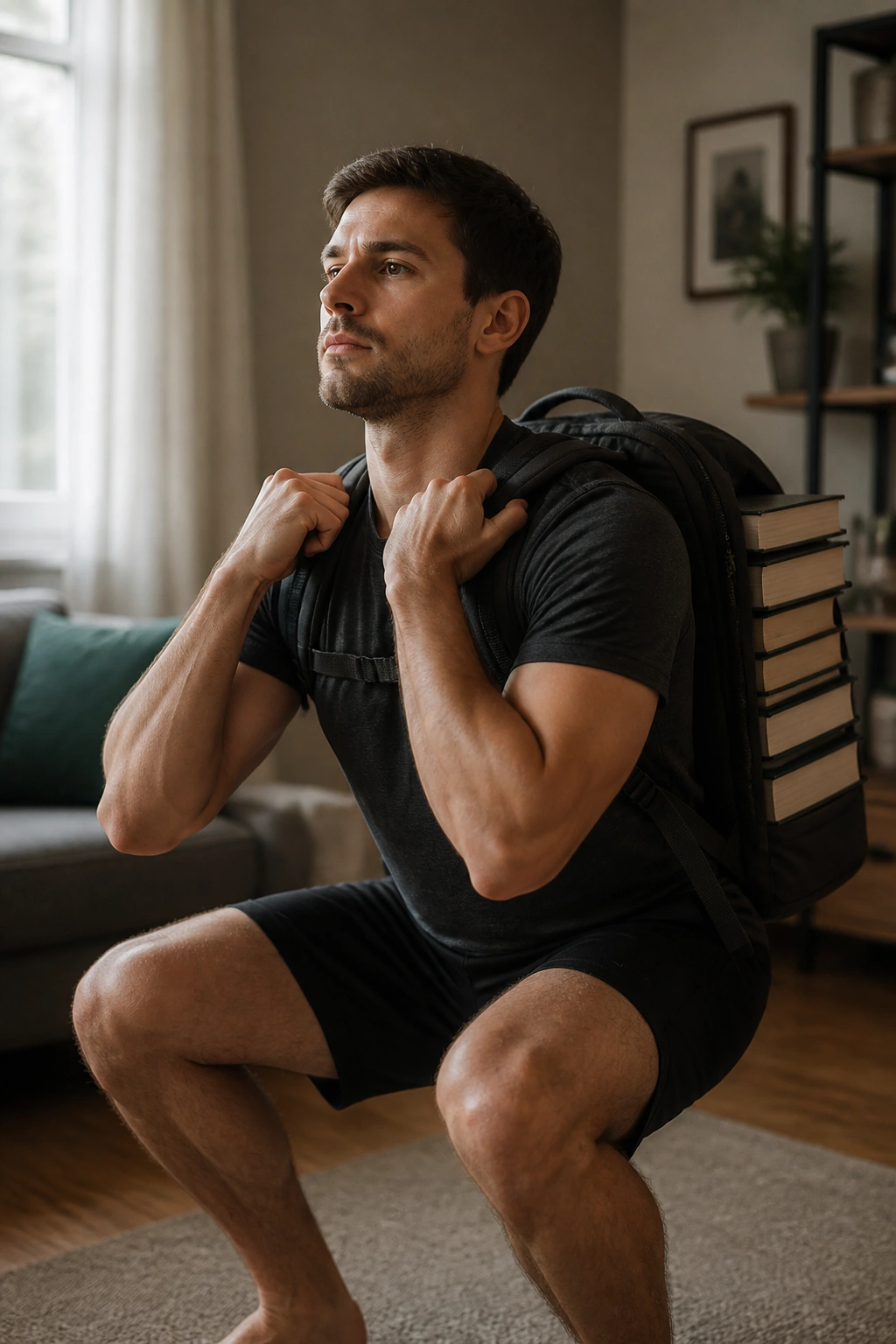 Person wearing a loaded backpack performing front squat at home