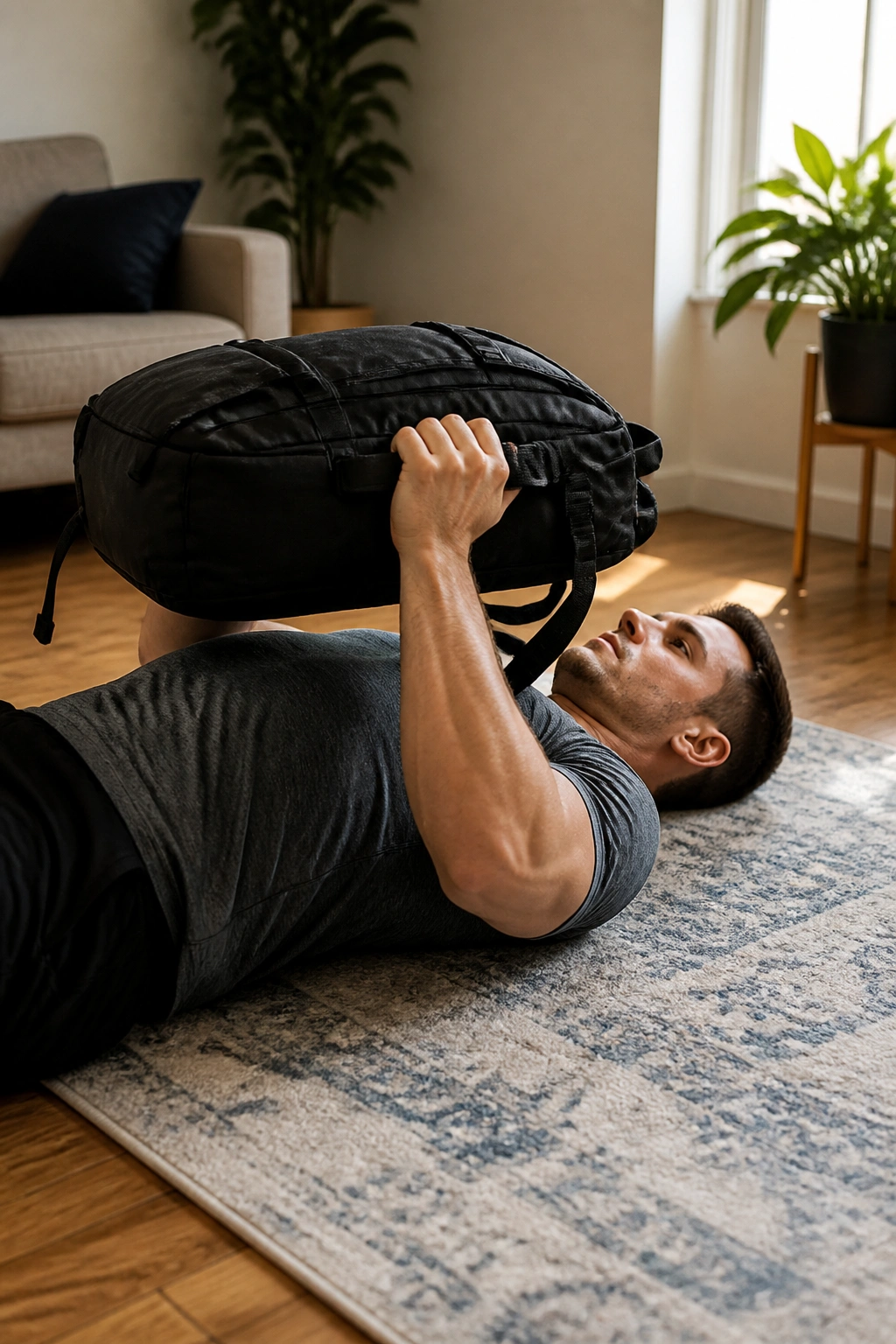 Person performing a backpack floor press on a home floor with a loaded backpack at chest level