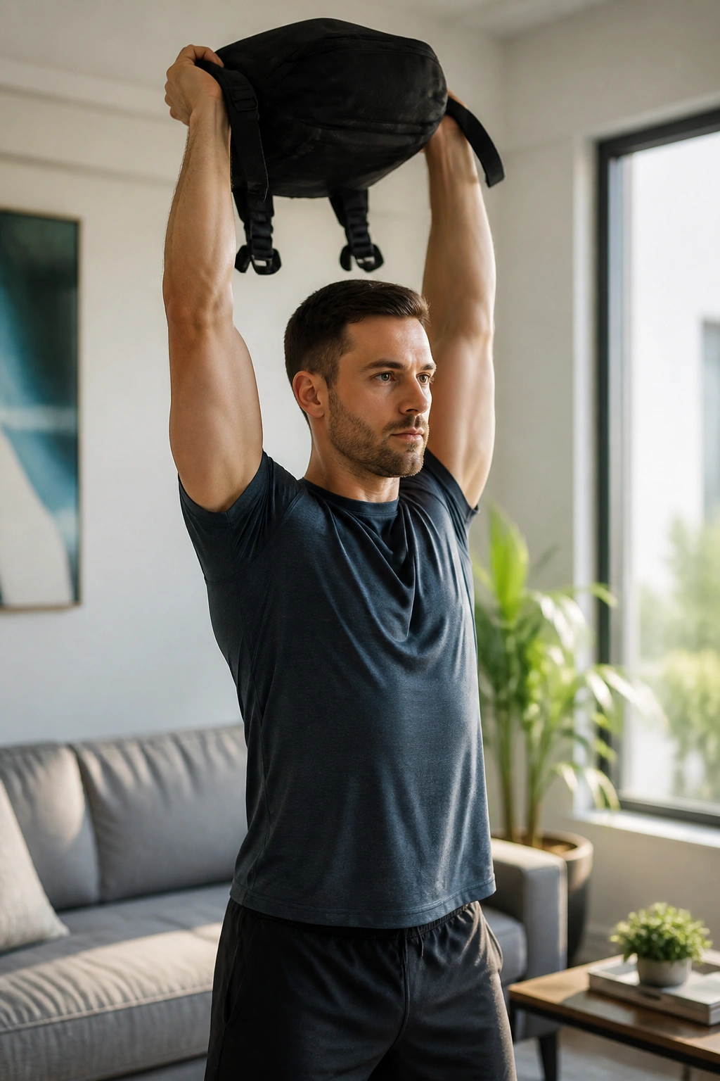 Real person performing backpack overhead press in home setting