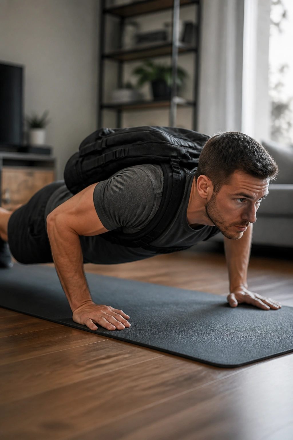 Real person performing backpack push-ups with a snug backpack on a home mat