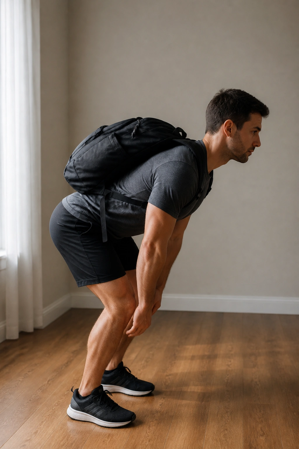Mid-shot of a person performing a backpack Romanian deadlift at home