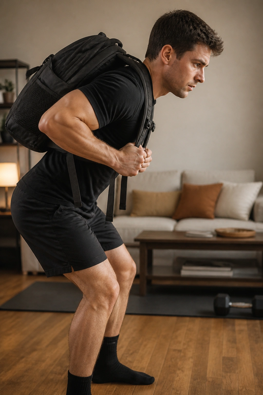 Person performing backpack row in a home setting