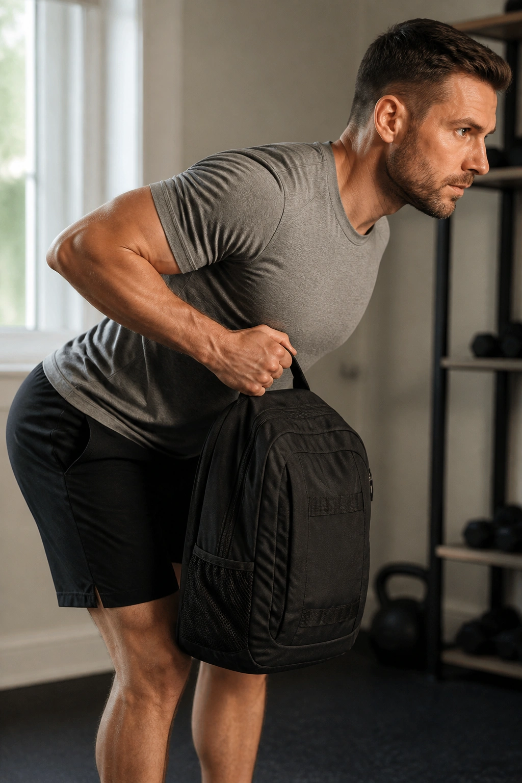 Medium close-up of a person performing a backpack row in a simple home setting