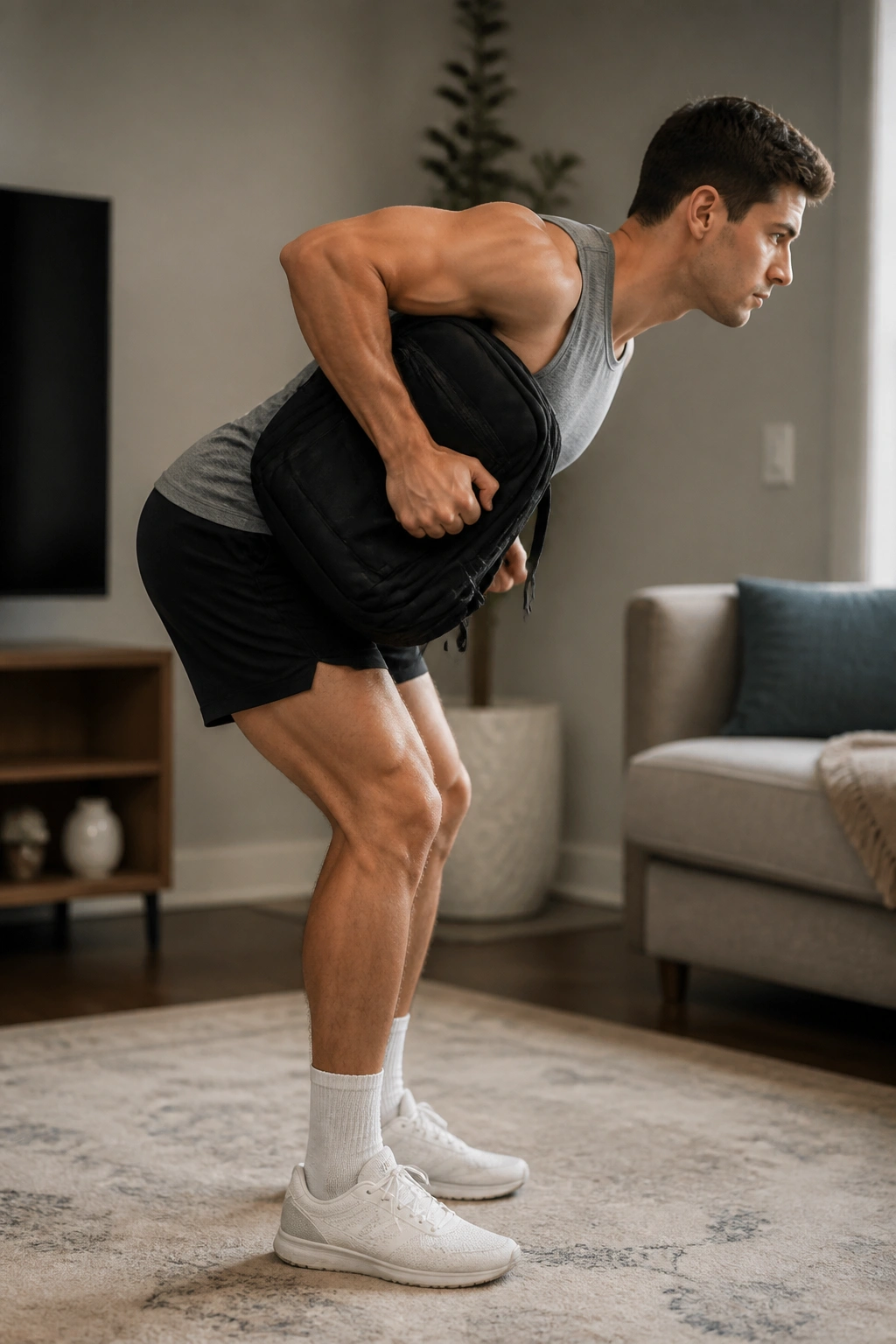 Person performing a backpack row in a living room