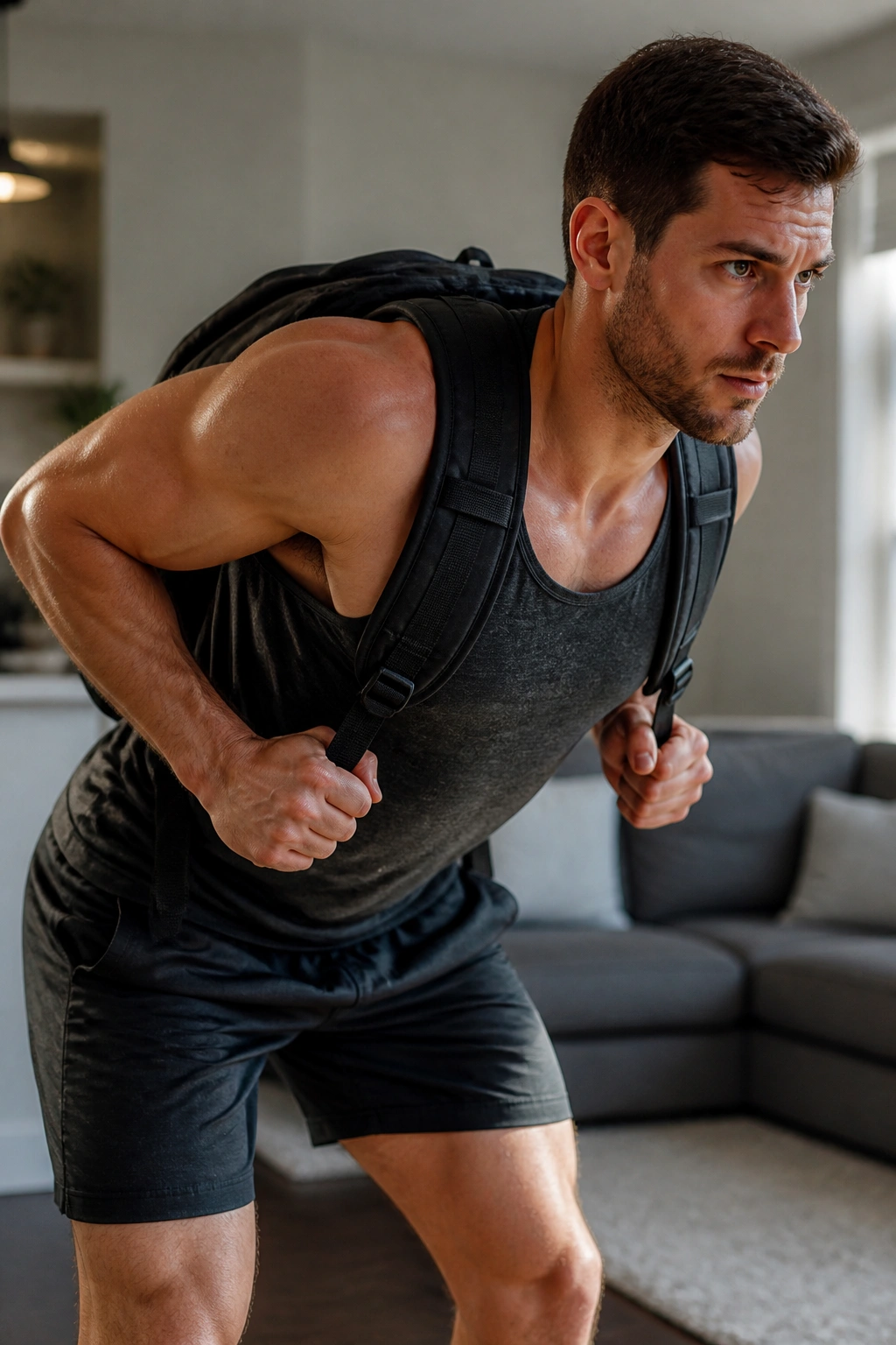 Person performing a backpack row in a minimal living room