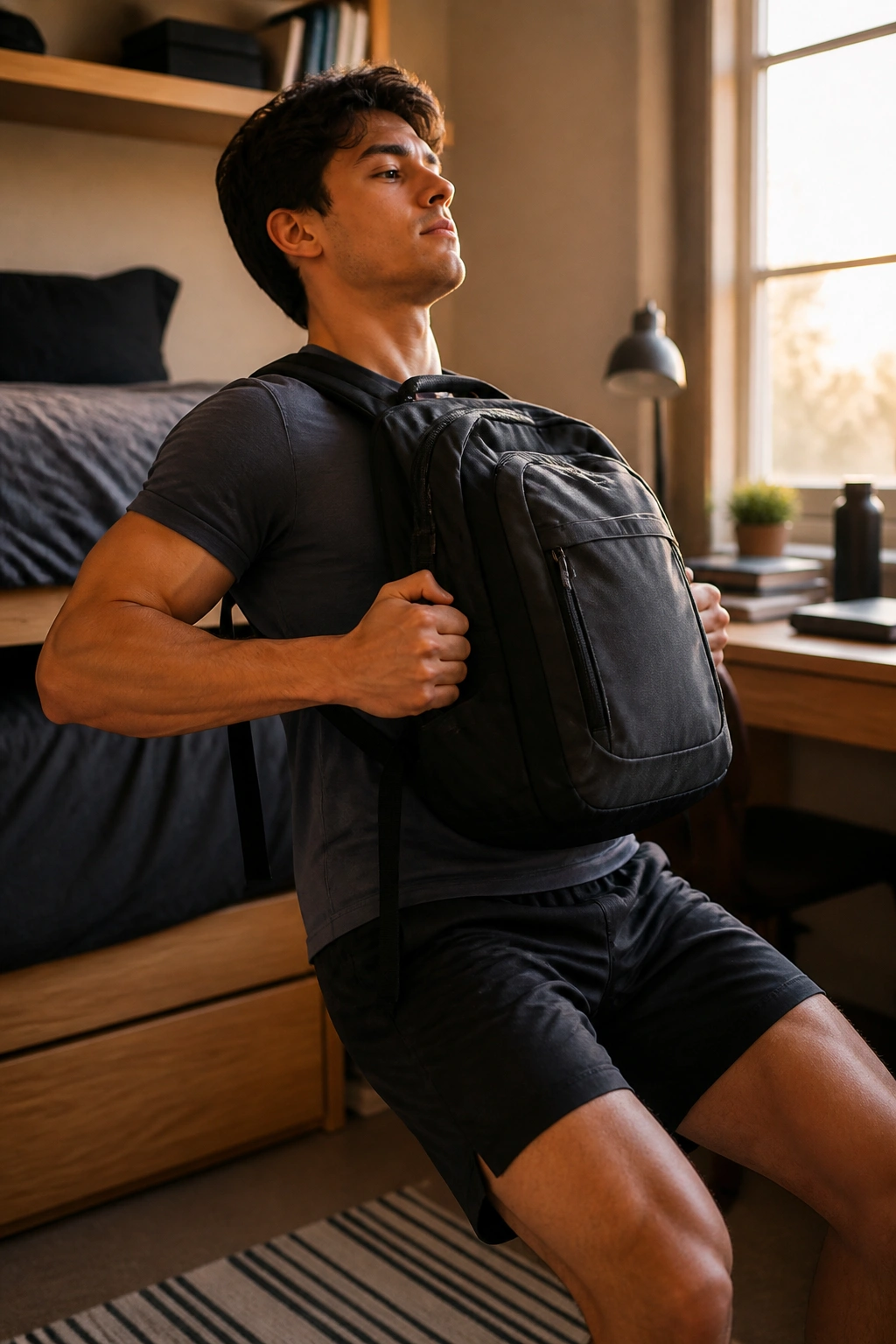 Person doing backpack rows in dorm room