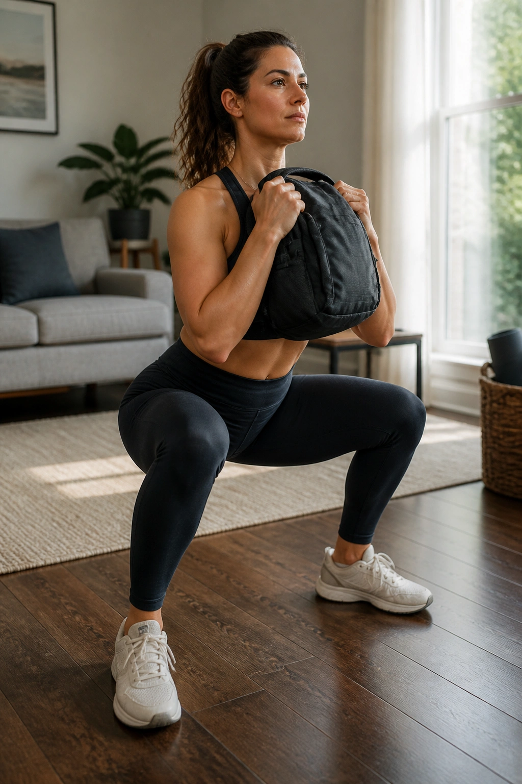 Real person doing backpack squat with backpack held at chest in a home setting.