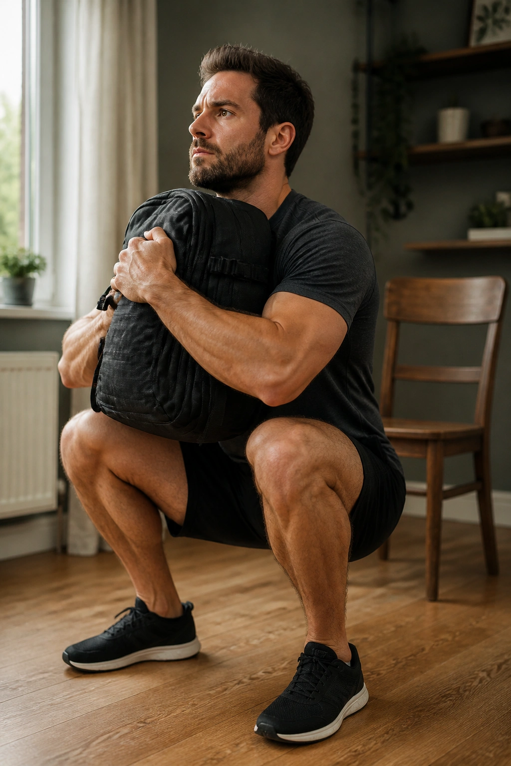 Medium close-up of a person performing a goblet squat with a loaded backpack at chest height in a home living room.