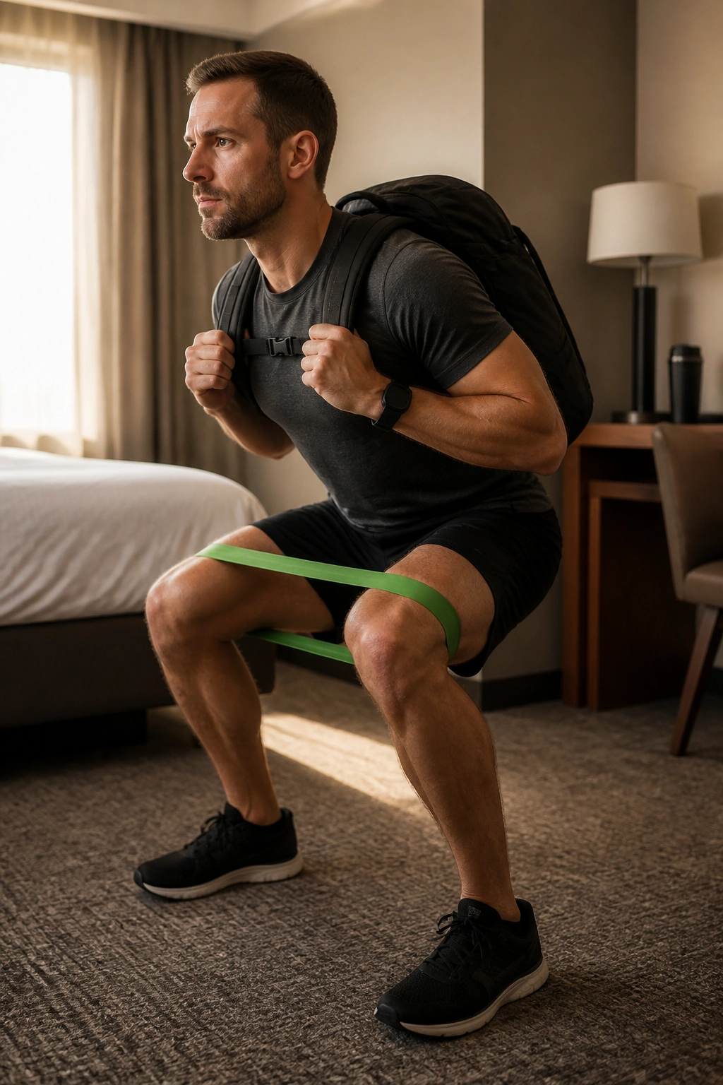 Person in hotel room performing backpack squat with backpack on back