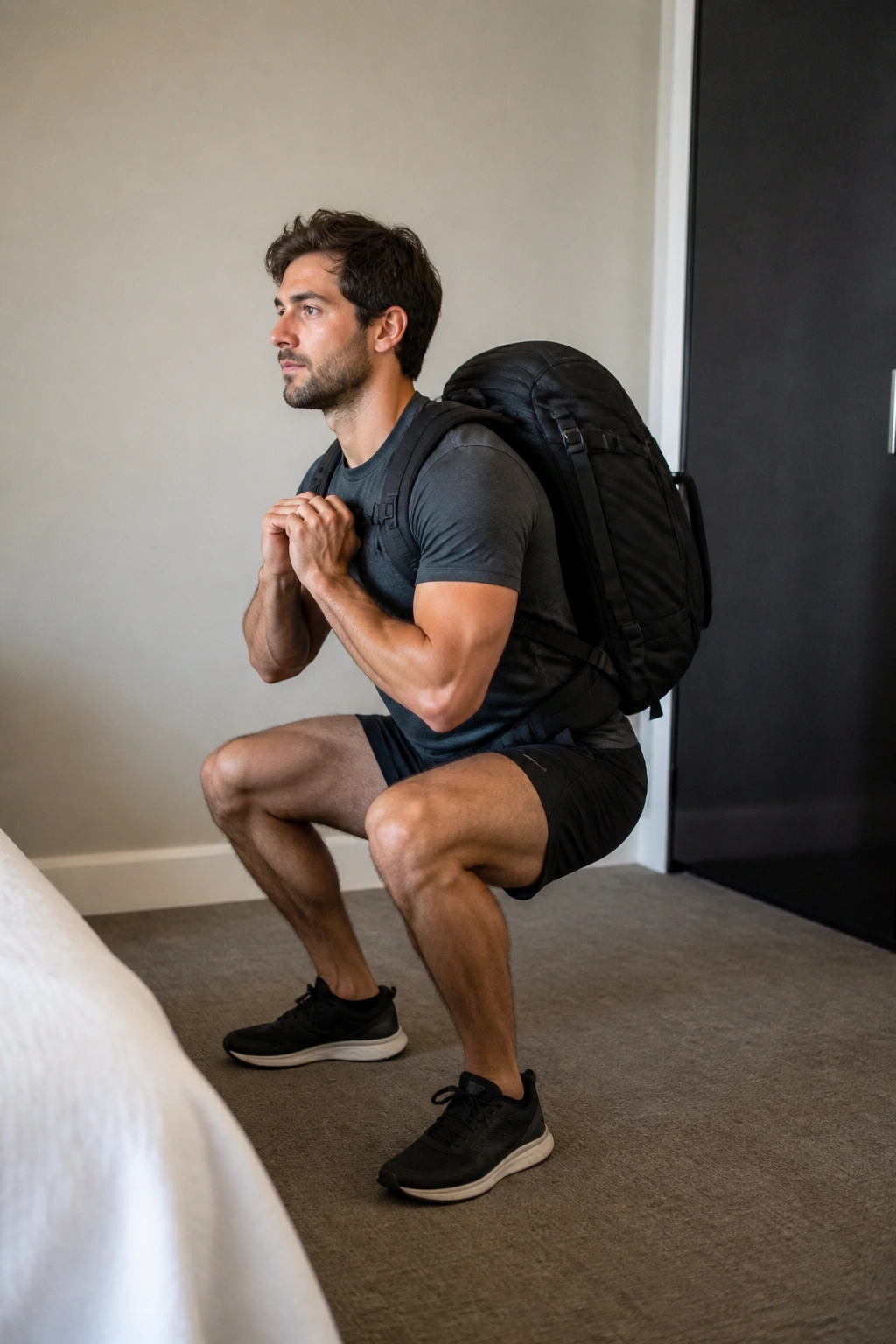 Person performing squats with a loaded backpack in a small room.