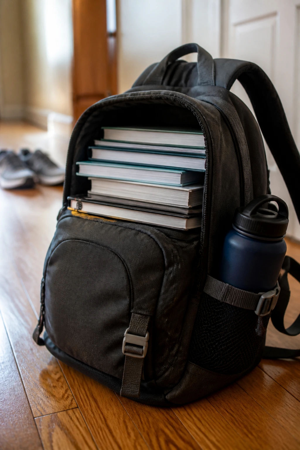 Close-up of a loaded backpack prepared for home strength training