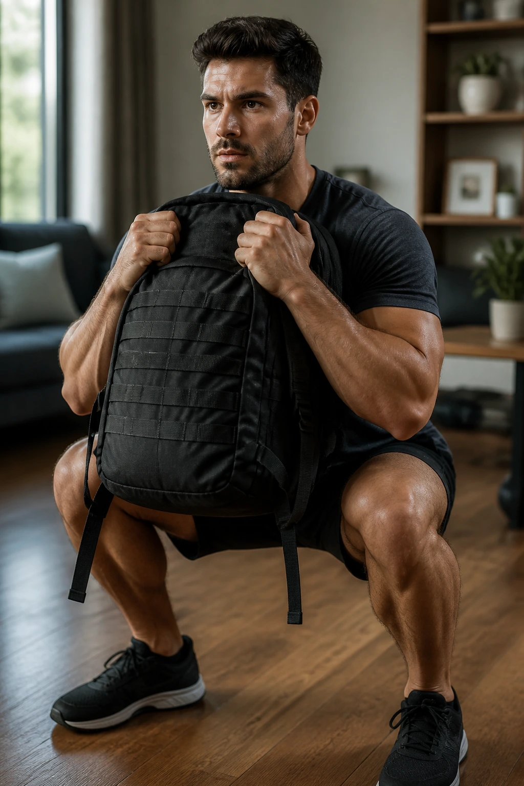Medium close-up of a person with backpack goblet-squatting in a home living room