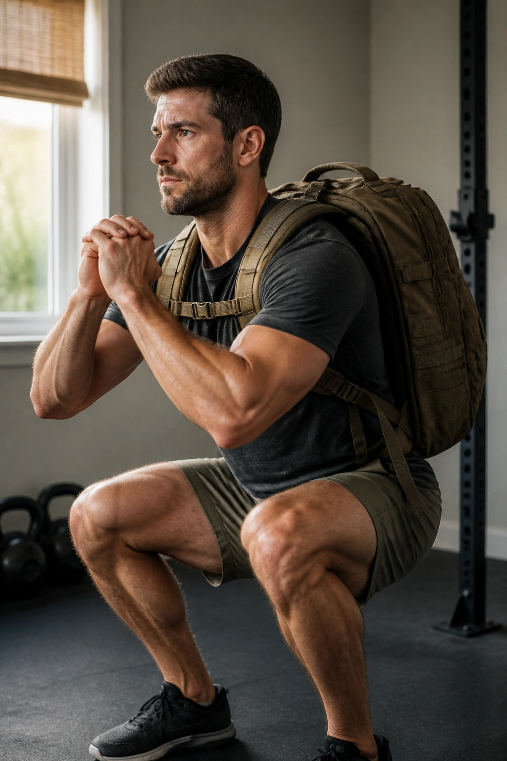 Person wearing a loaded backpack performing front squats at home gym