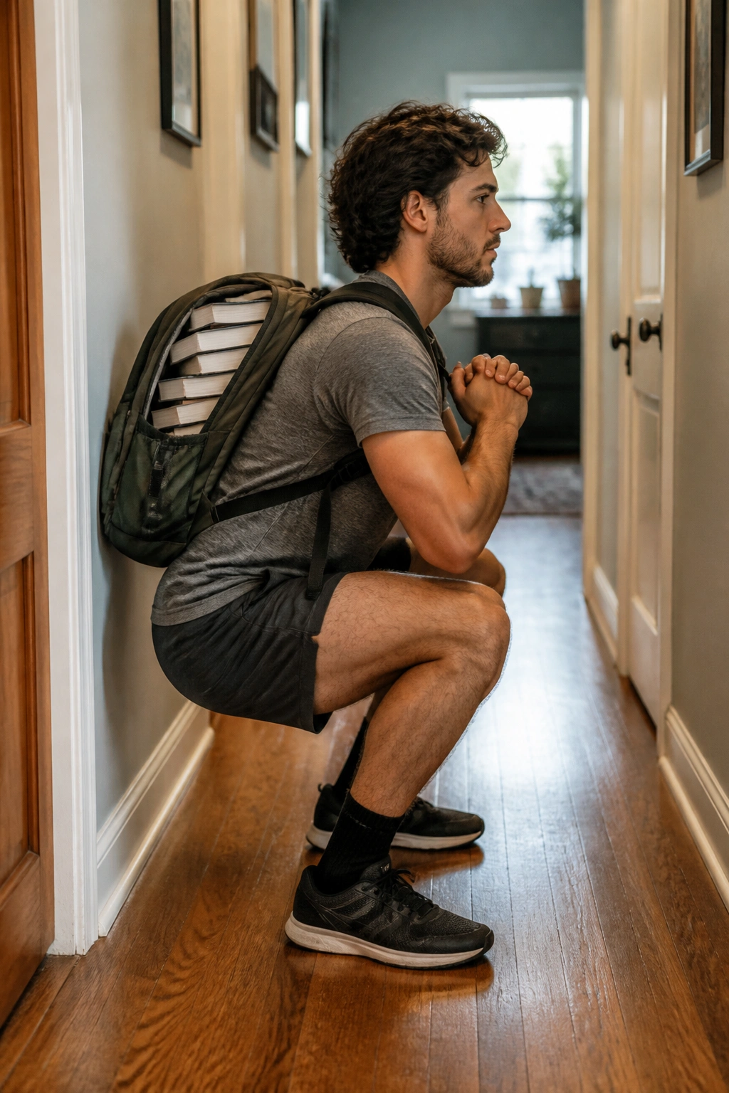 Person squatting with a backpack loaded with books in a hallway