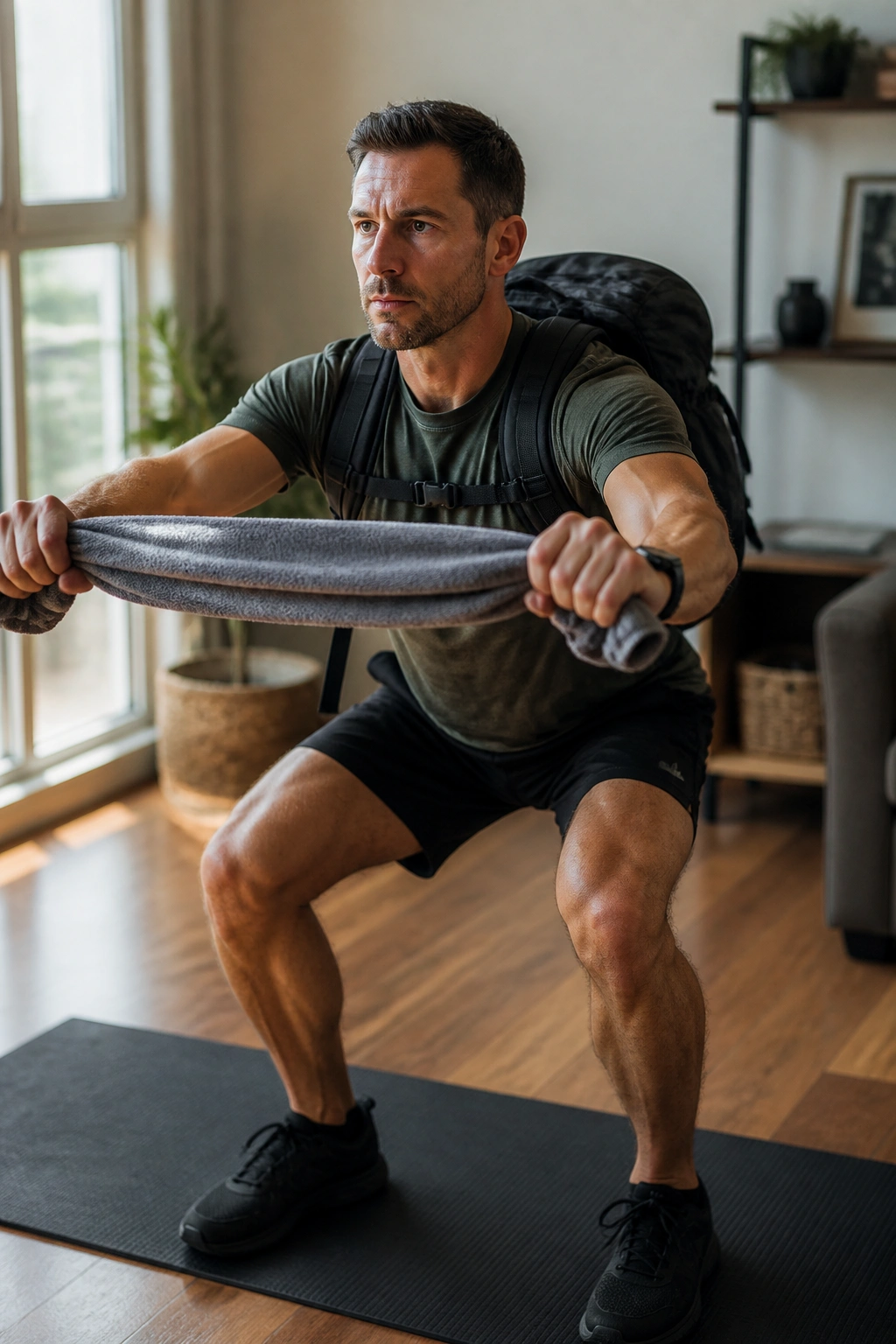 Real person performing squat with backpack and towel resistance at home