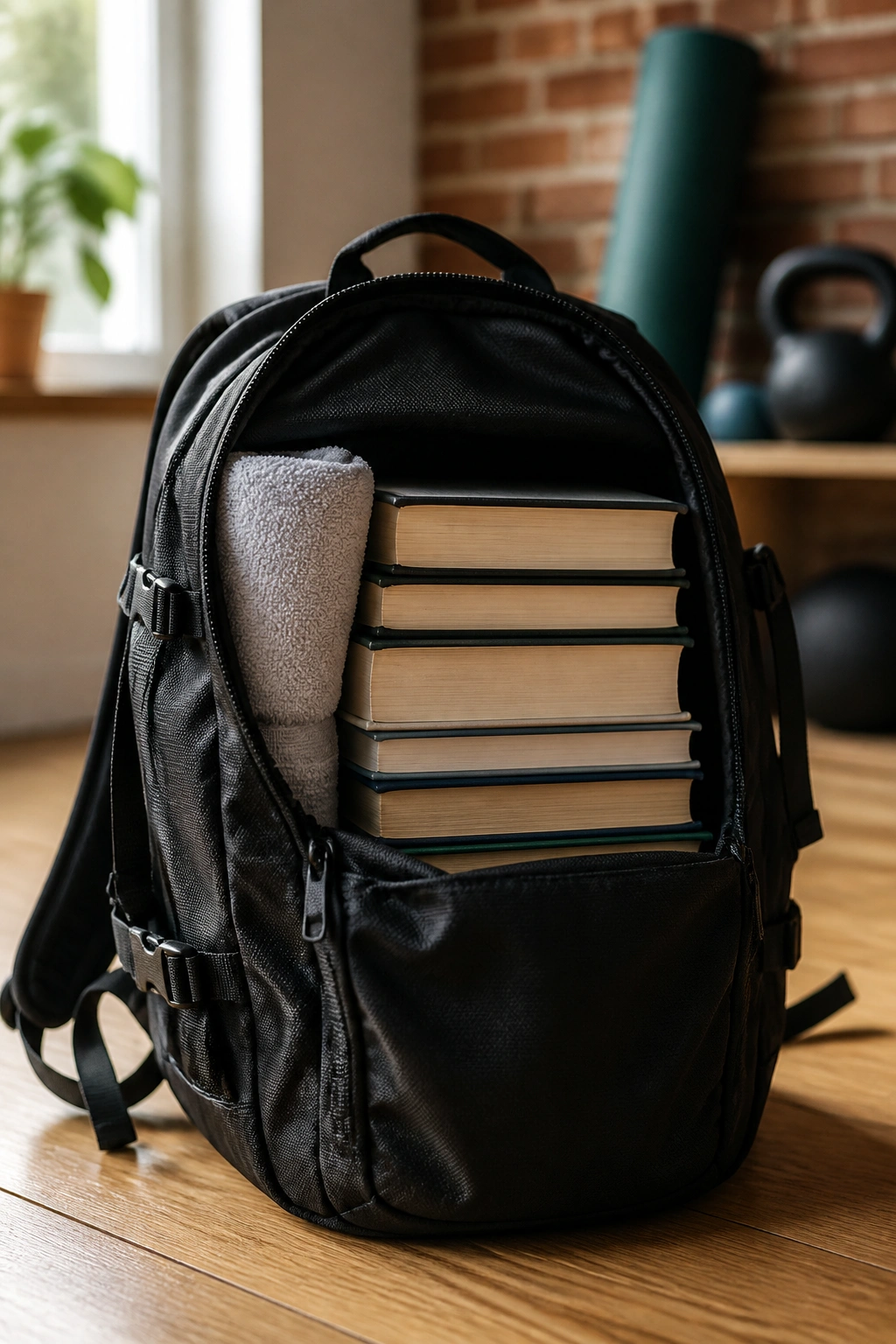 Backpack filled with books on wooden floor, towel inside, ready for loaded training