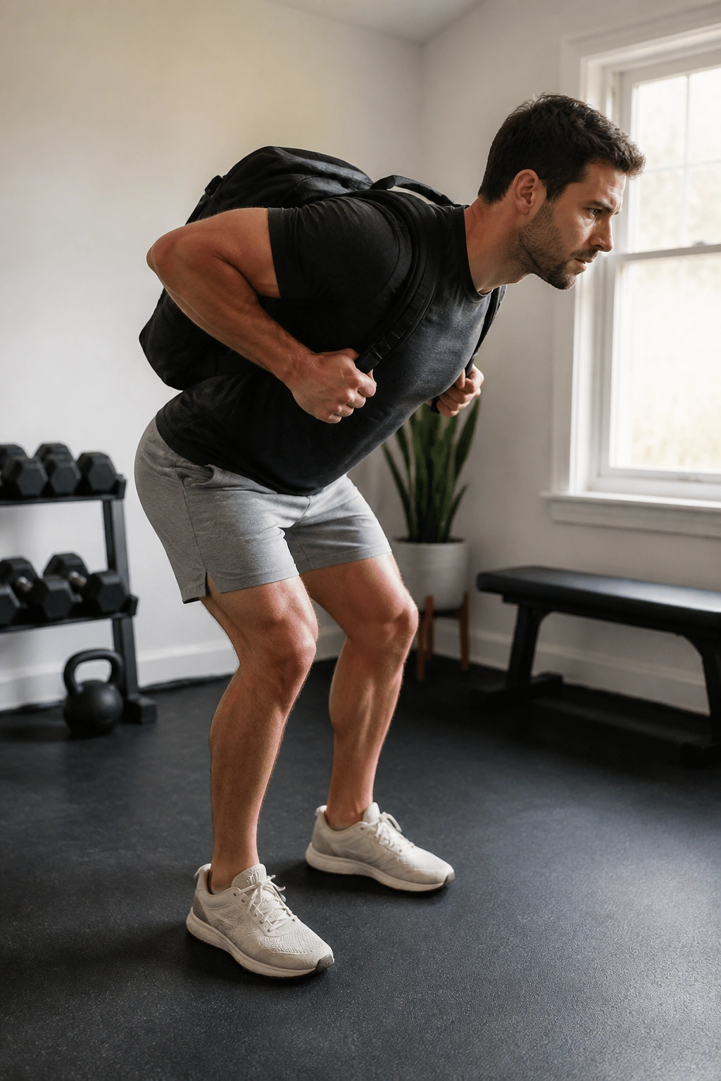 Mid-back view of a person performing backpack rows in a home gym
