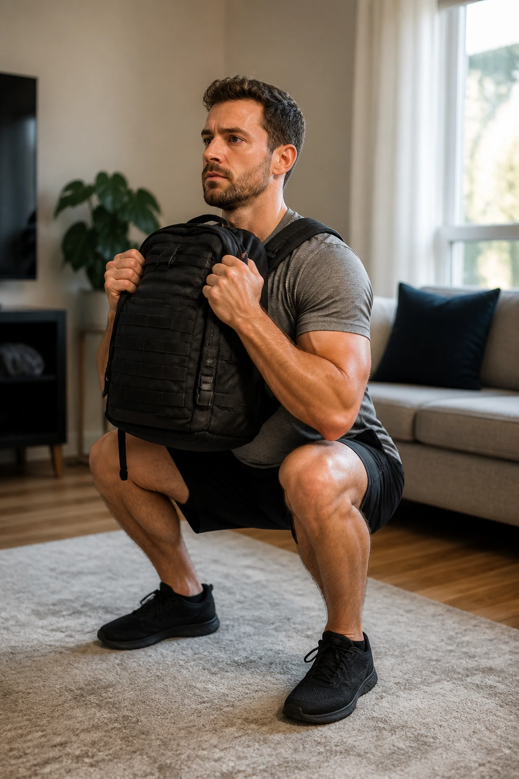 Person wearing a backpack performing squats in a living room
