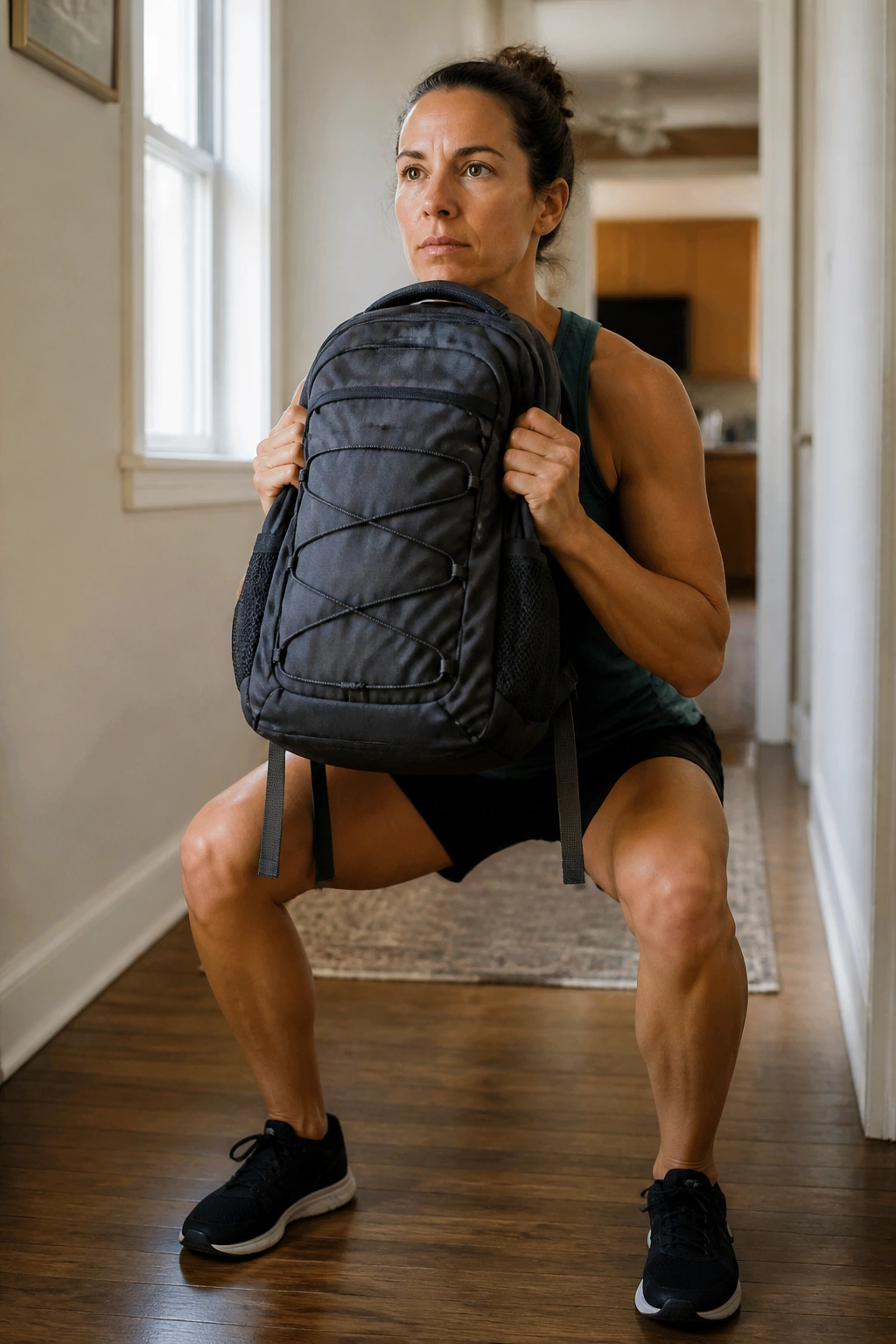 Person performing a goblet squat with a backpack in a home hallway