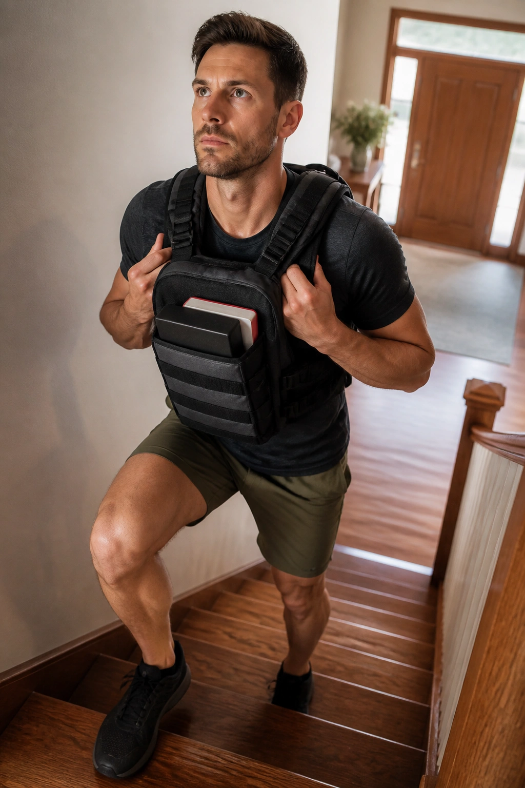 Person with backpack performing step-ups in a home entryway.