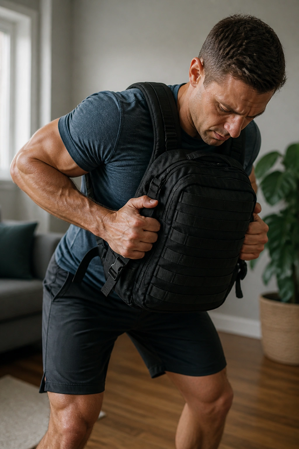 Close-up of person bent-over rowing a loaded backpack in a home gym for upper-body circuit.