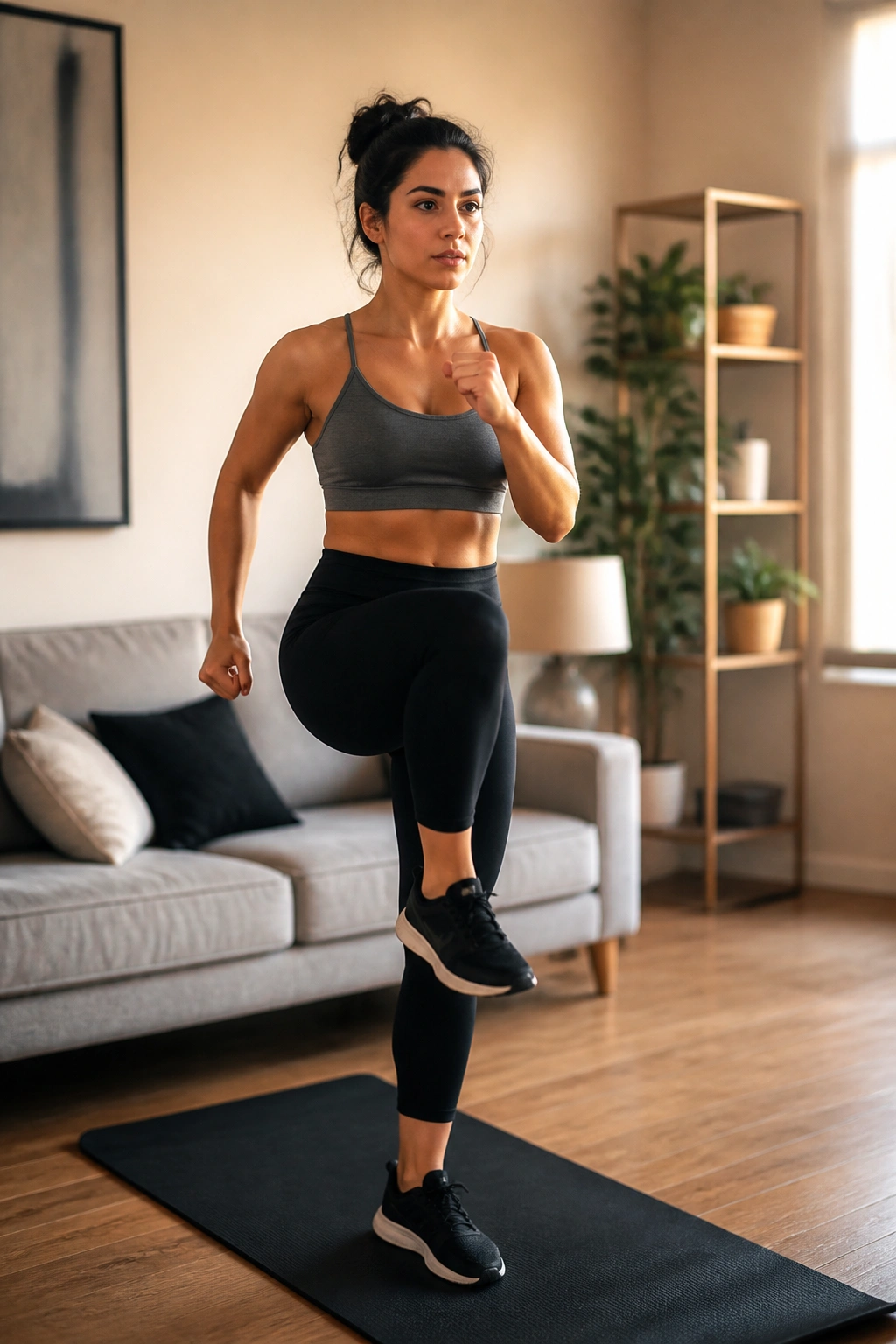 Person performing a quick, simple backup workout in a living room.