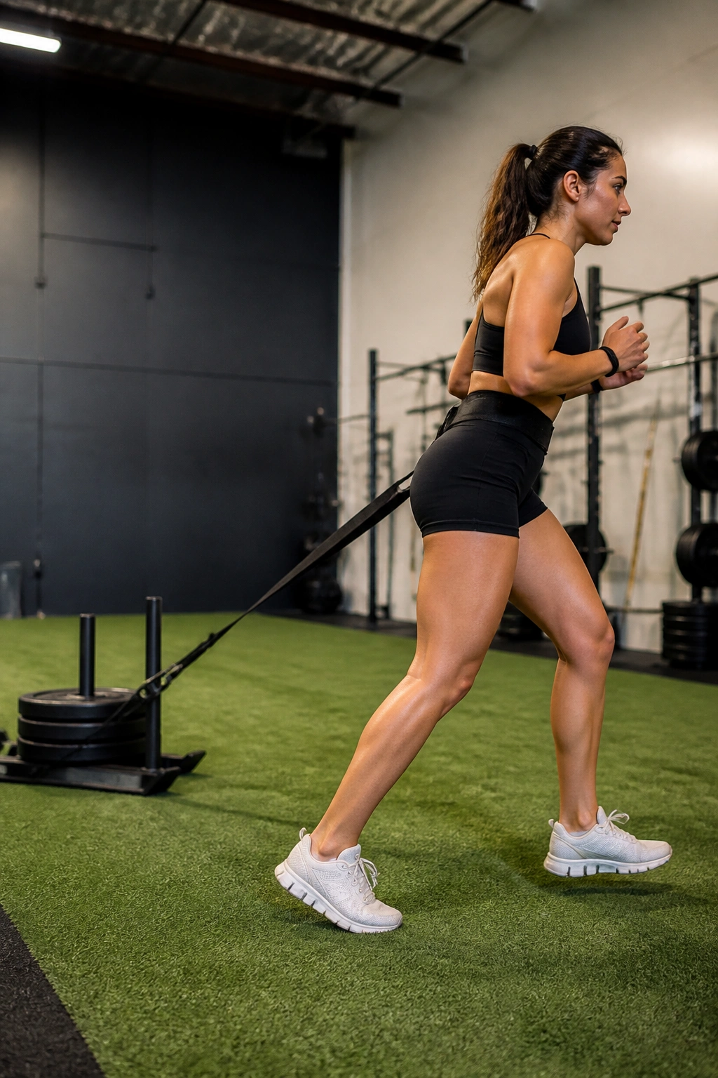 Side view of a person performing backward sled drags with a light harness in a gym