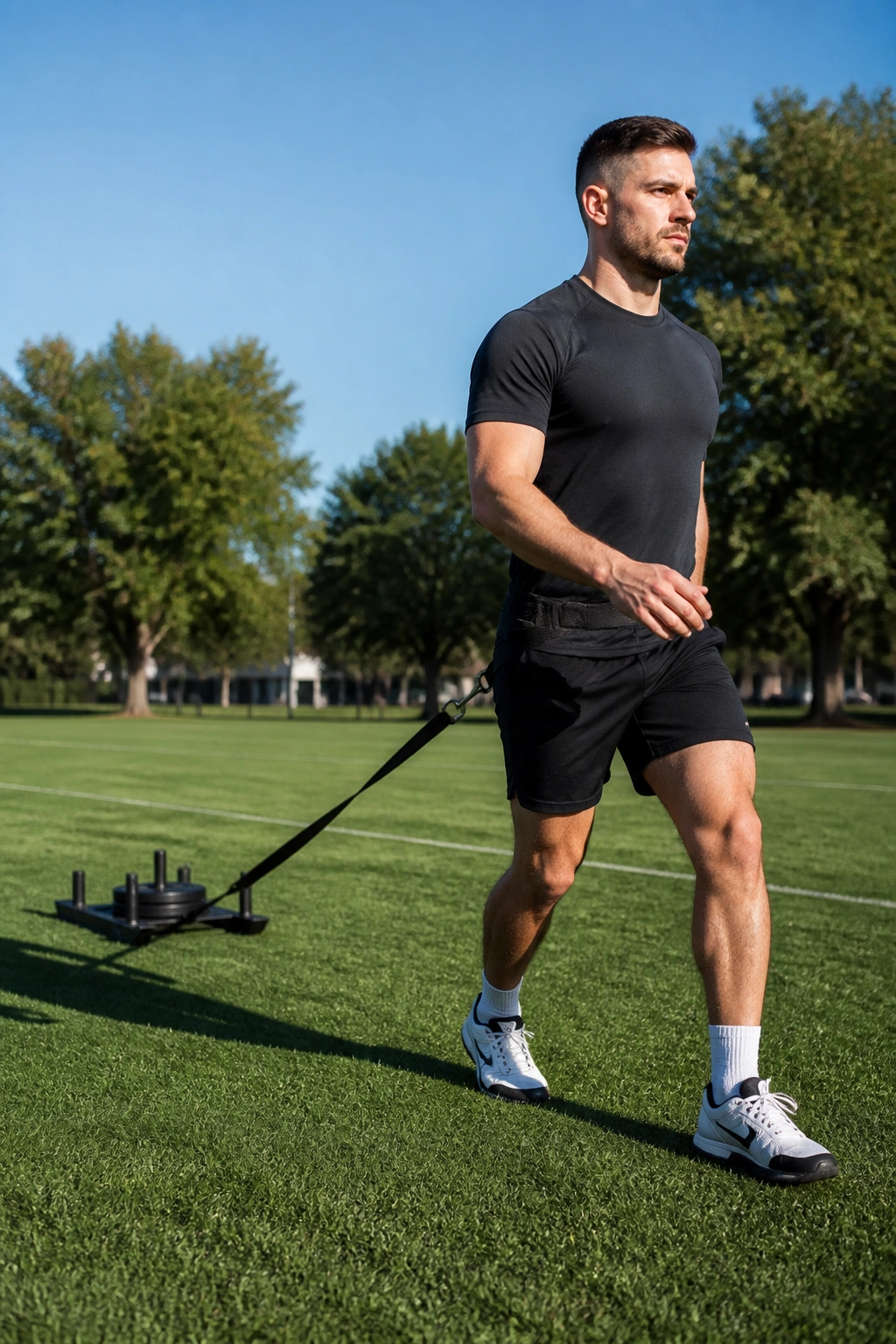 Person backward walking on turf with a light sled drag.