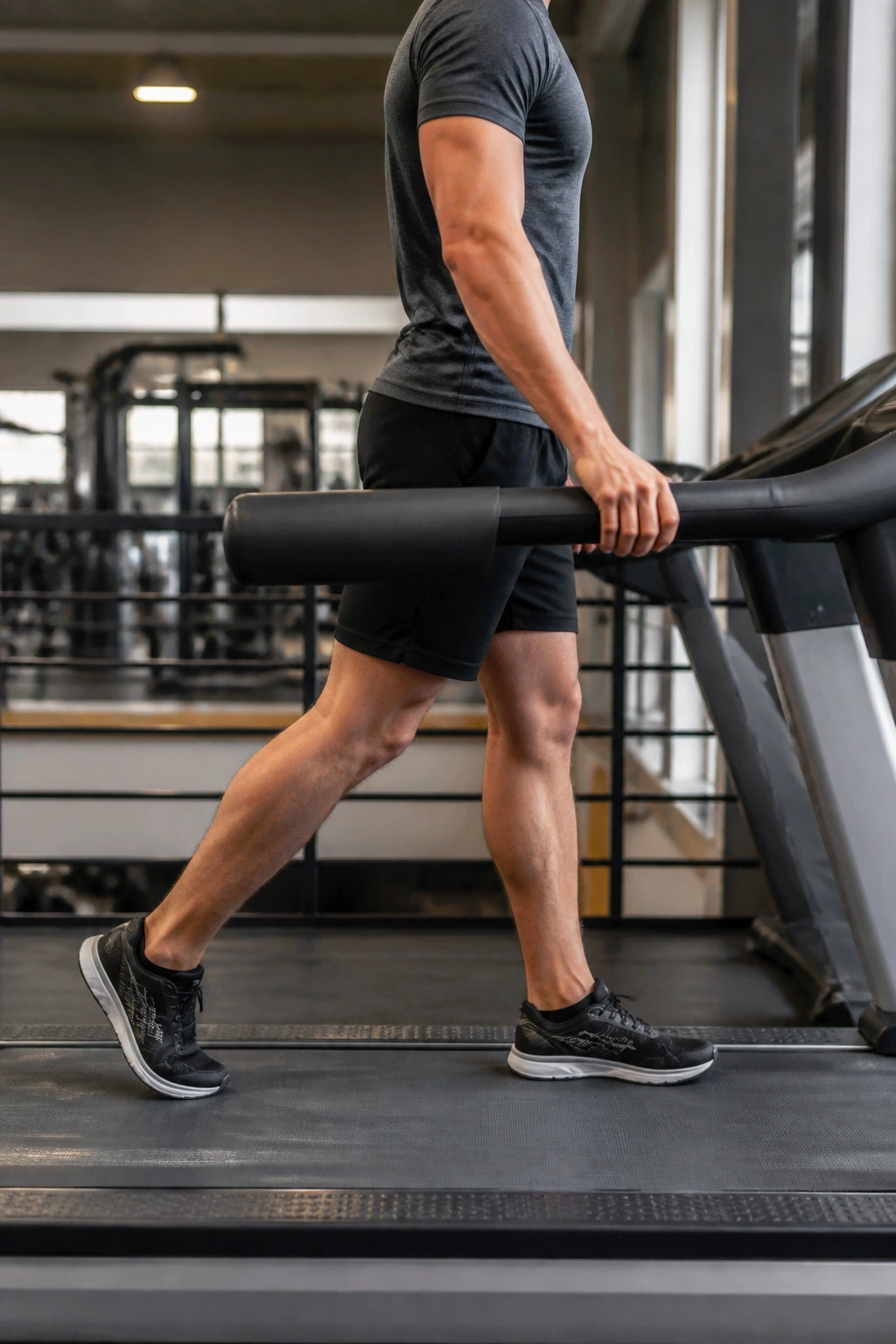 Real person walking backward on a treadmill in a gym