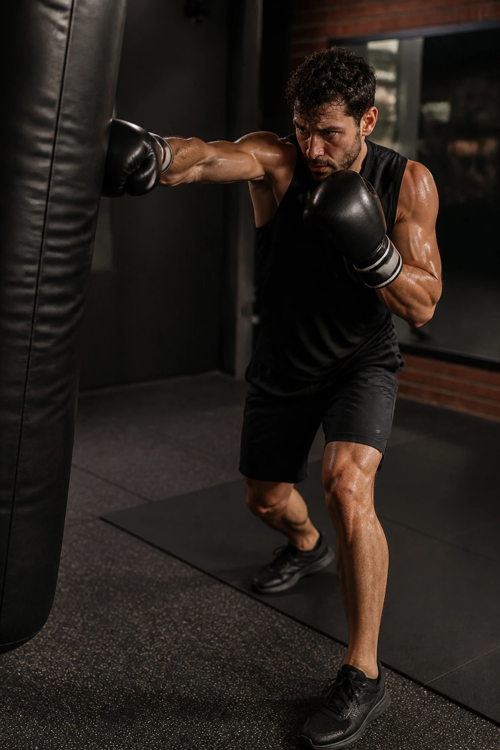 Athlete punching a heavy bag with floor exercises in view