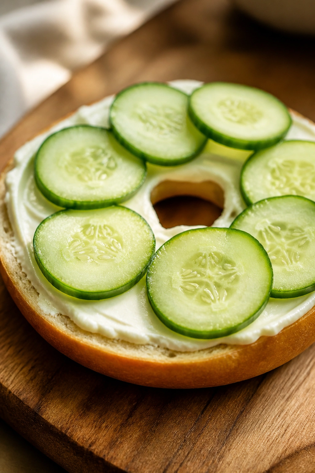 Close-up of plain bagel half with cream cheese and cucumber on a wooden board.